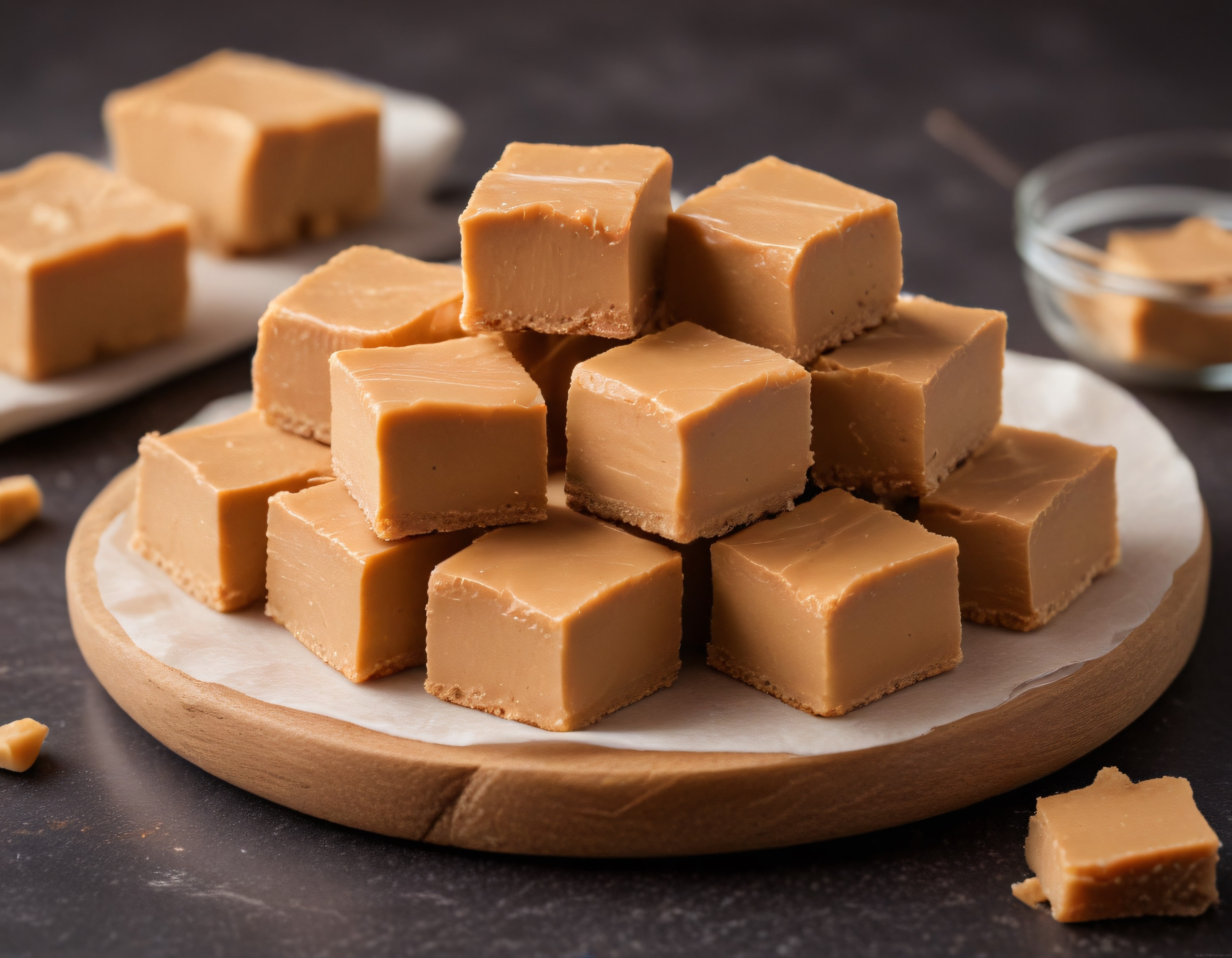 Kahverengi Fudge Kareleri Ahşap Sunum Tahtasında – Kremalı Tatlı