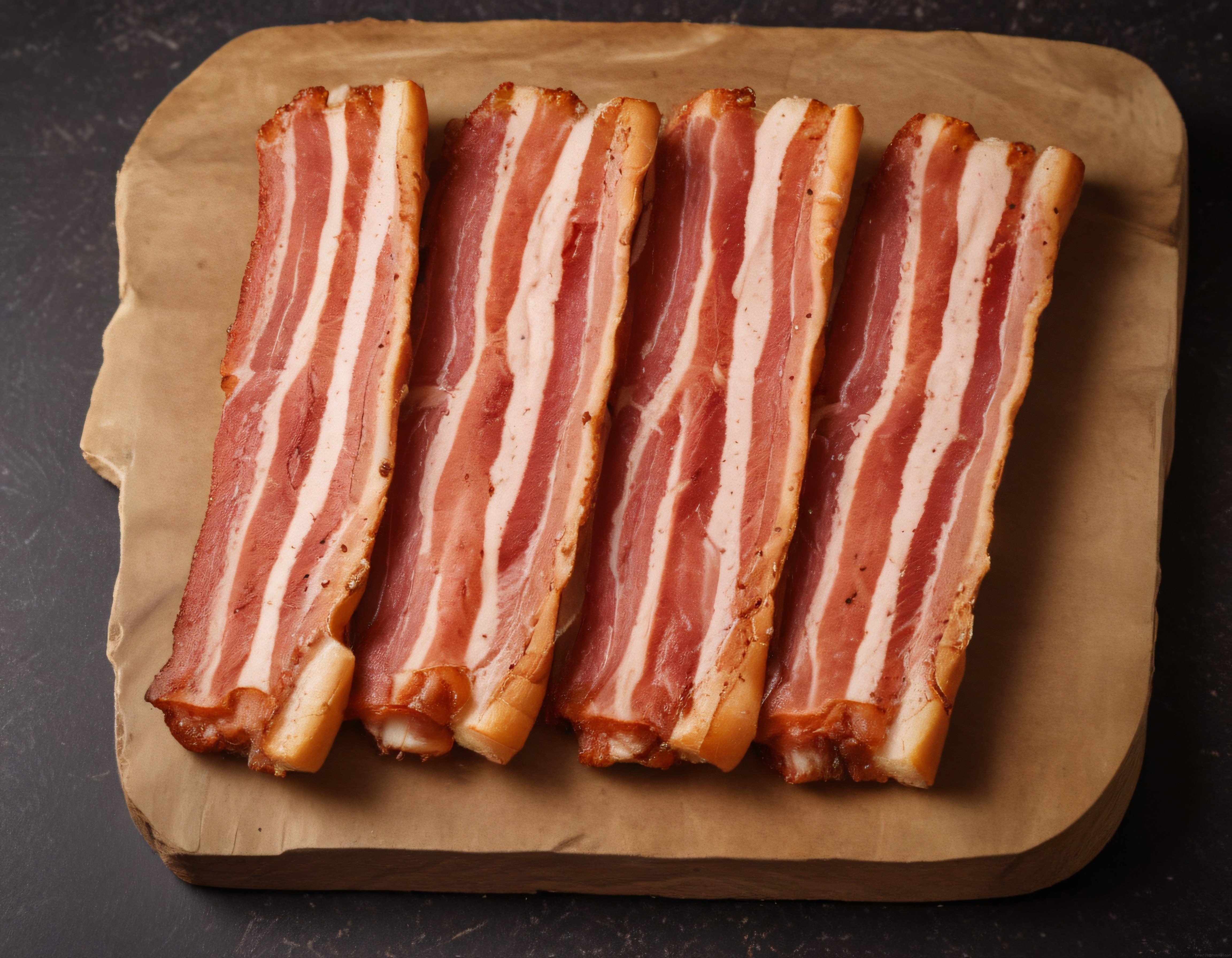 Kahverengi kağıt ve ahşap sunum tahtası üzerinde dizilmiş dört dilim çiğ bacon