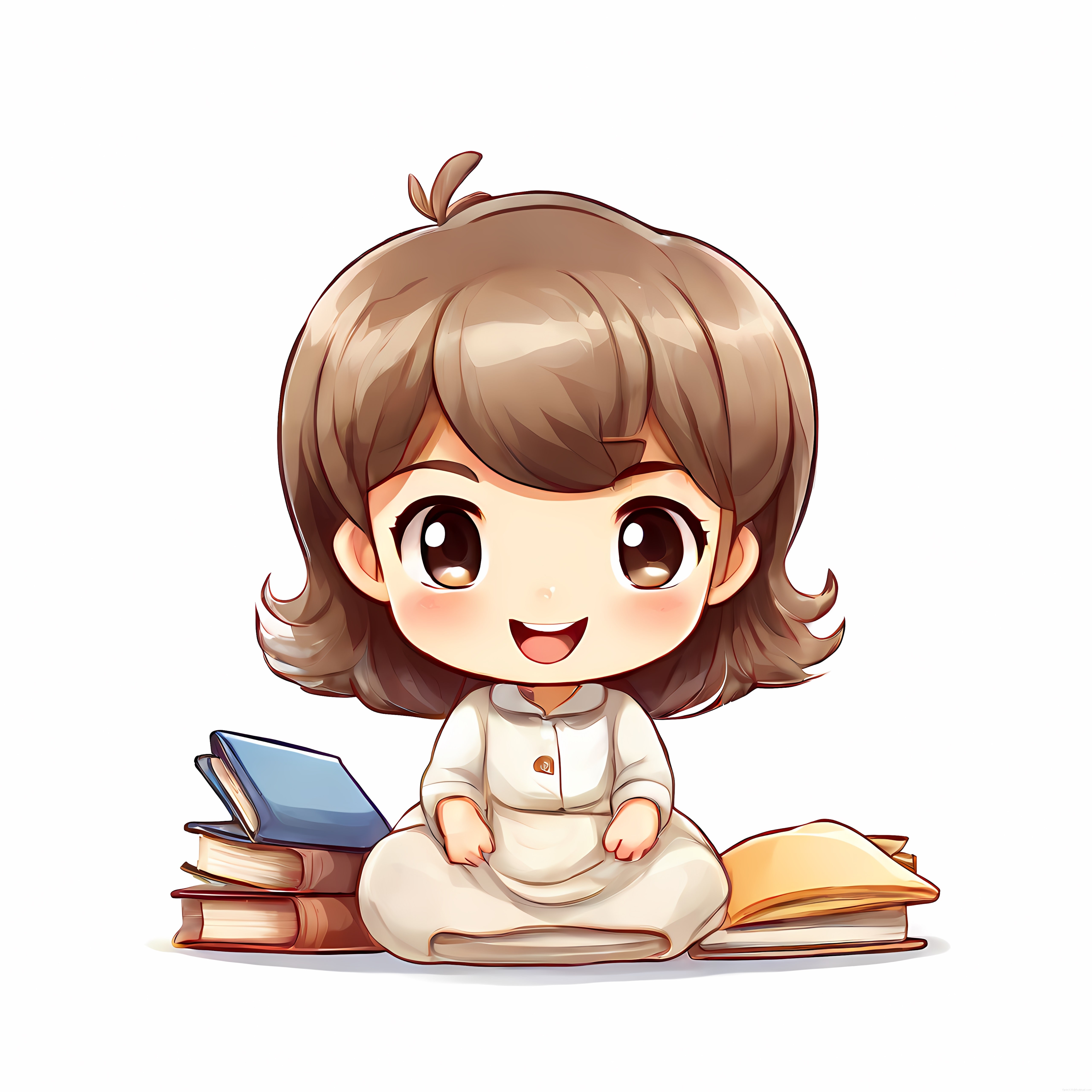 Kahverengi Saçlı Sevimli Chibi Kız Kitaplar Arasında Otururken Dijital Çizim
