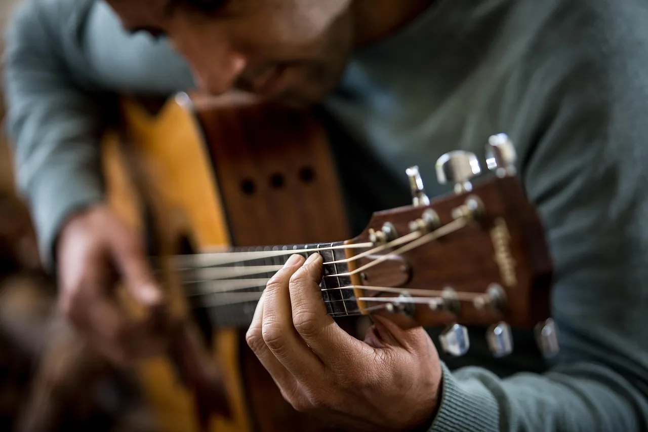 Kahverengi tonlarda gitar çalan adam portresi