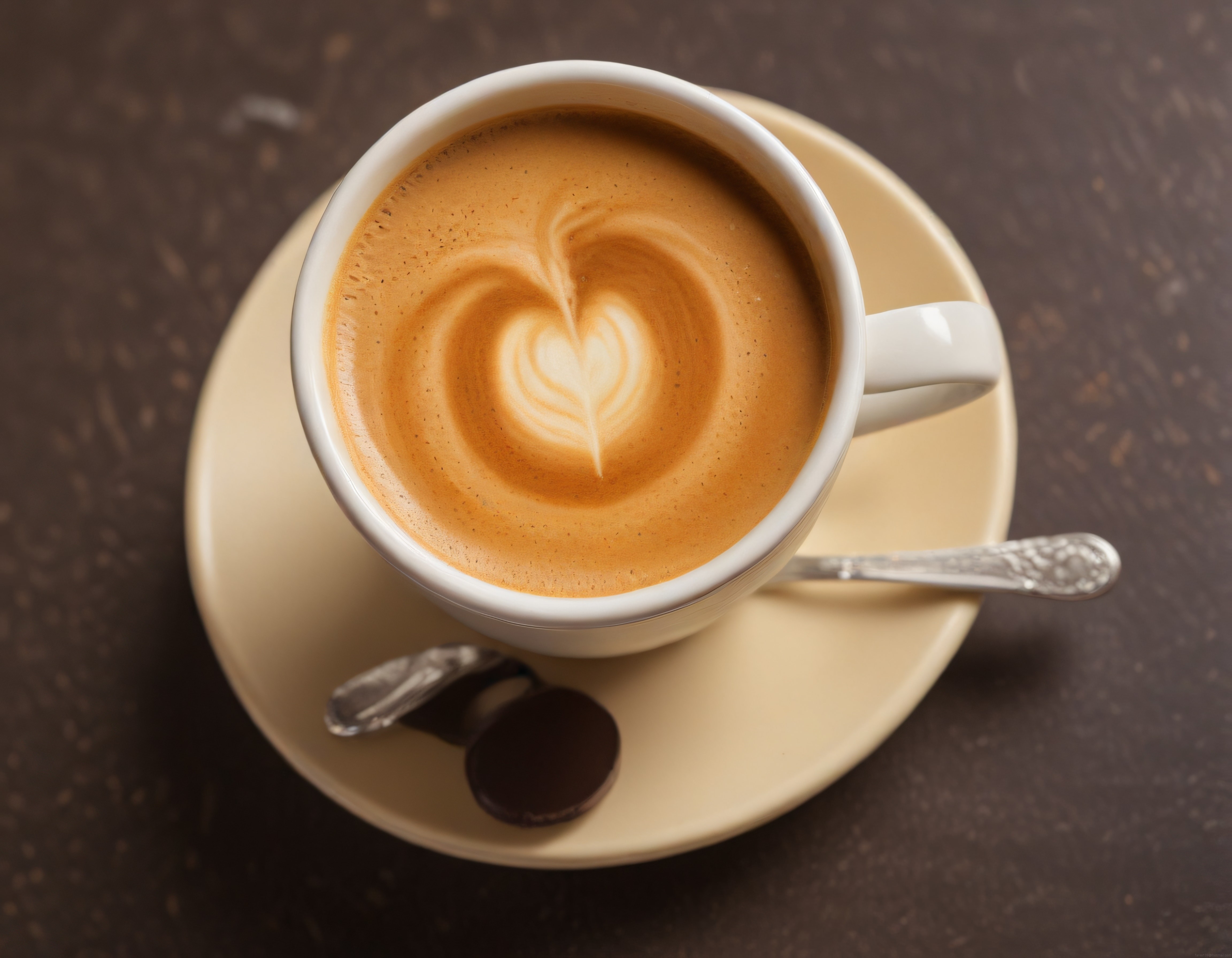 Kalp desenli latte art süslemeli sütlü kahve fincanı ve çikolata eşliği