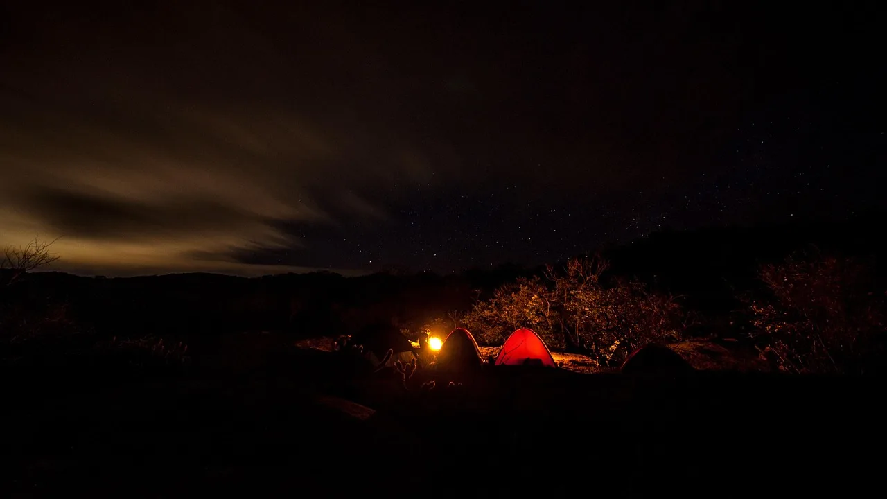Kamp ateşi ve gece gökyüzü - macera fotoğrafı