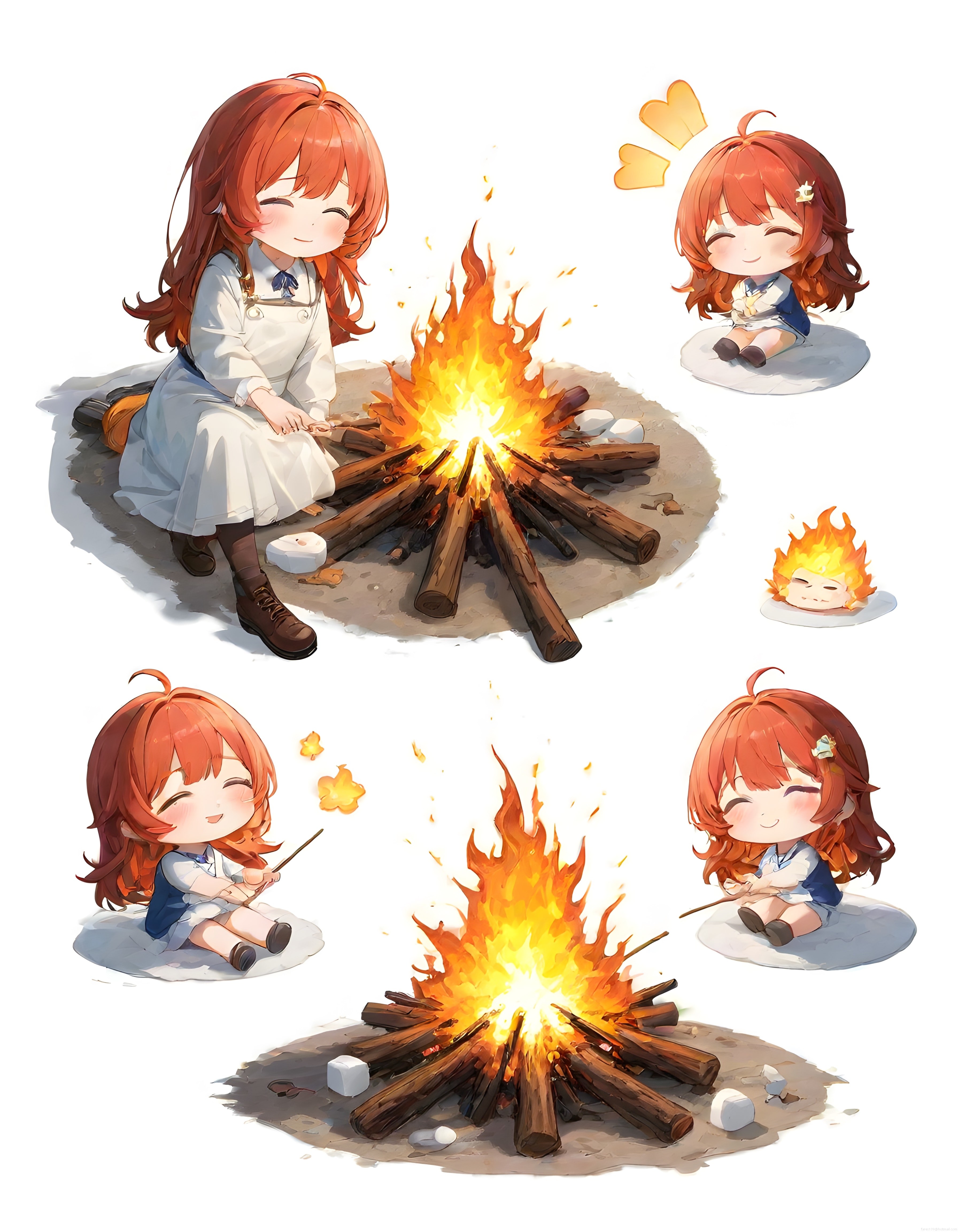 Kamp ateşinde marshmallow pişiren kızıl saçlı chibi anime karakteri illüstrasyon