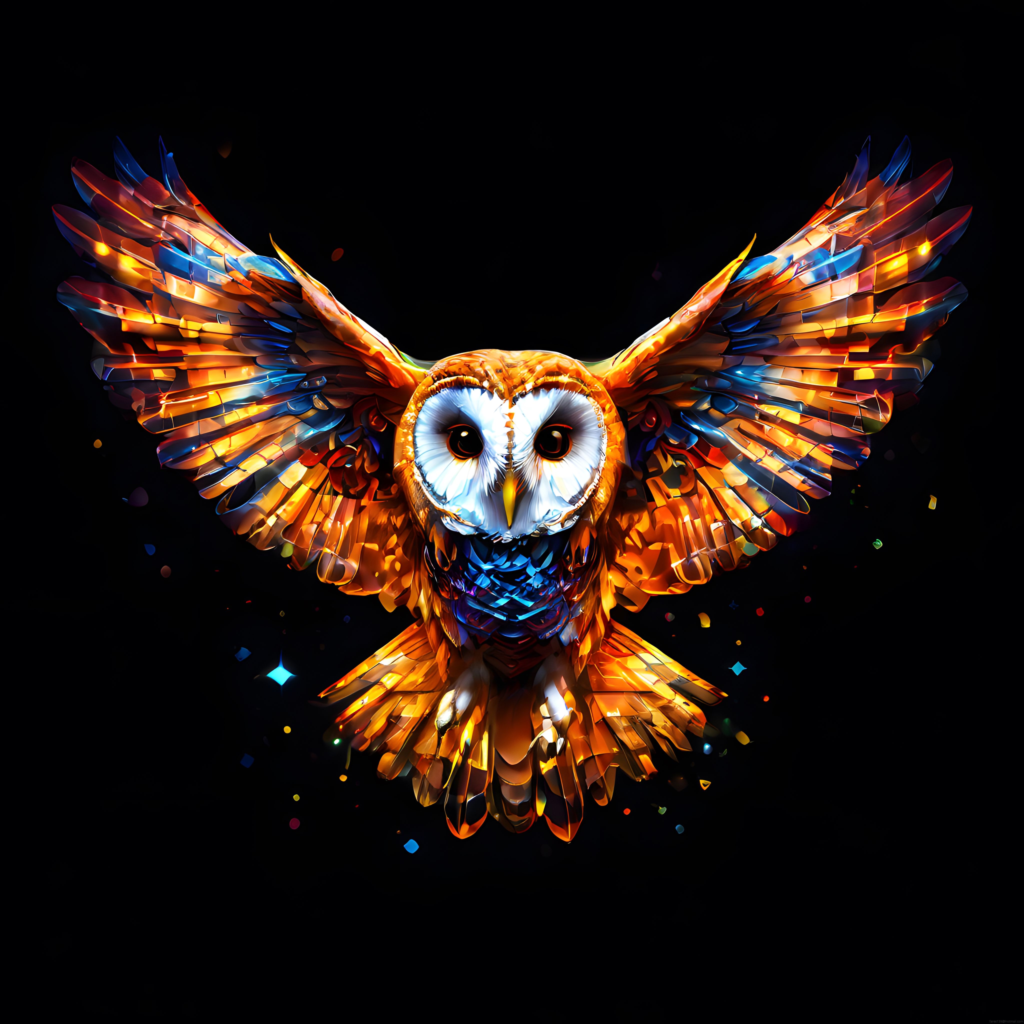 Kanatlarını Açmış Neon Işıltılı Geometrik Baykuş Dijital Sanat Çalışması