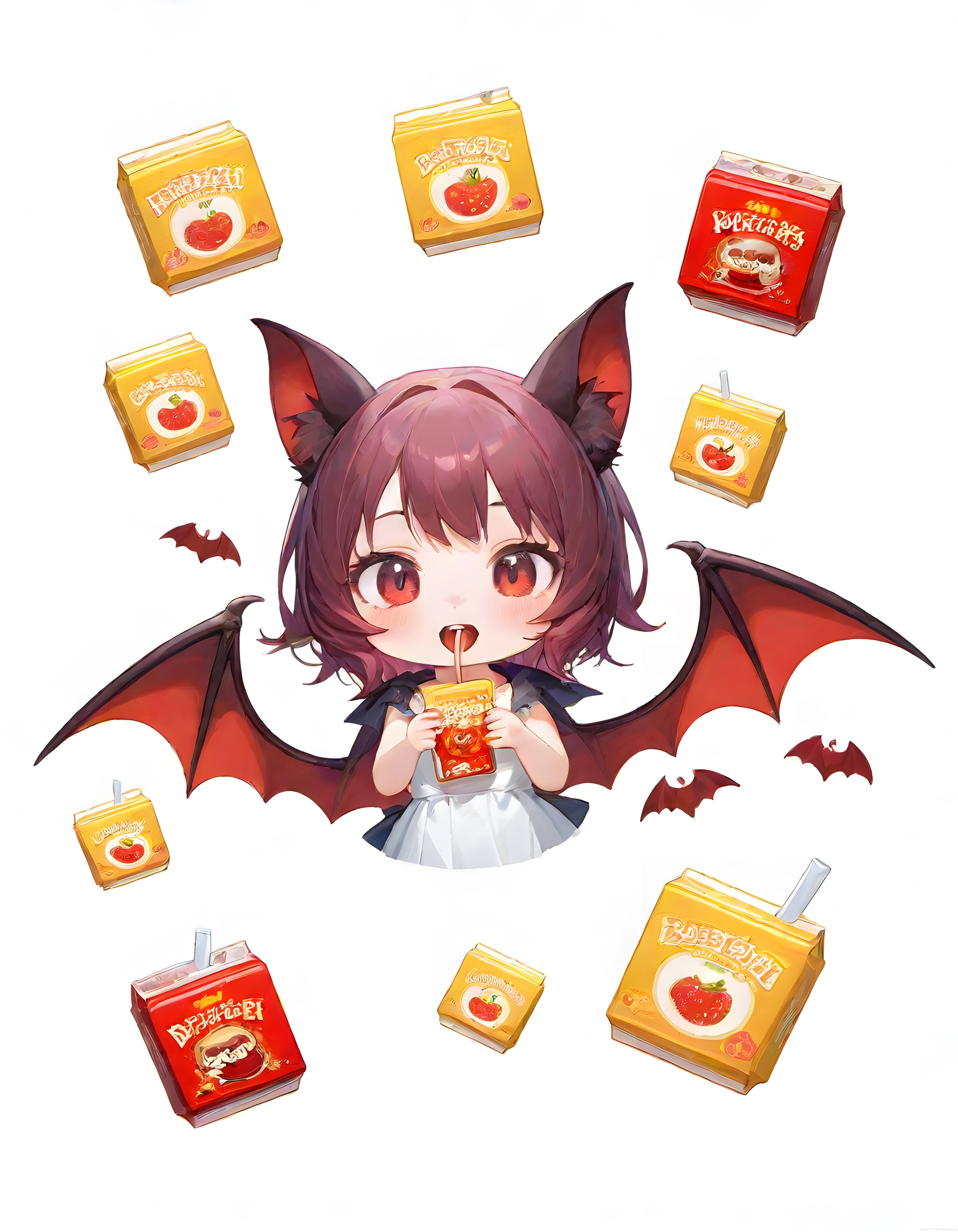 kanatlı şirin anime kızın meyve sularıyla çevrili kawaii illüstrasyonu