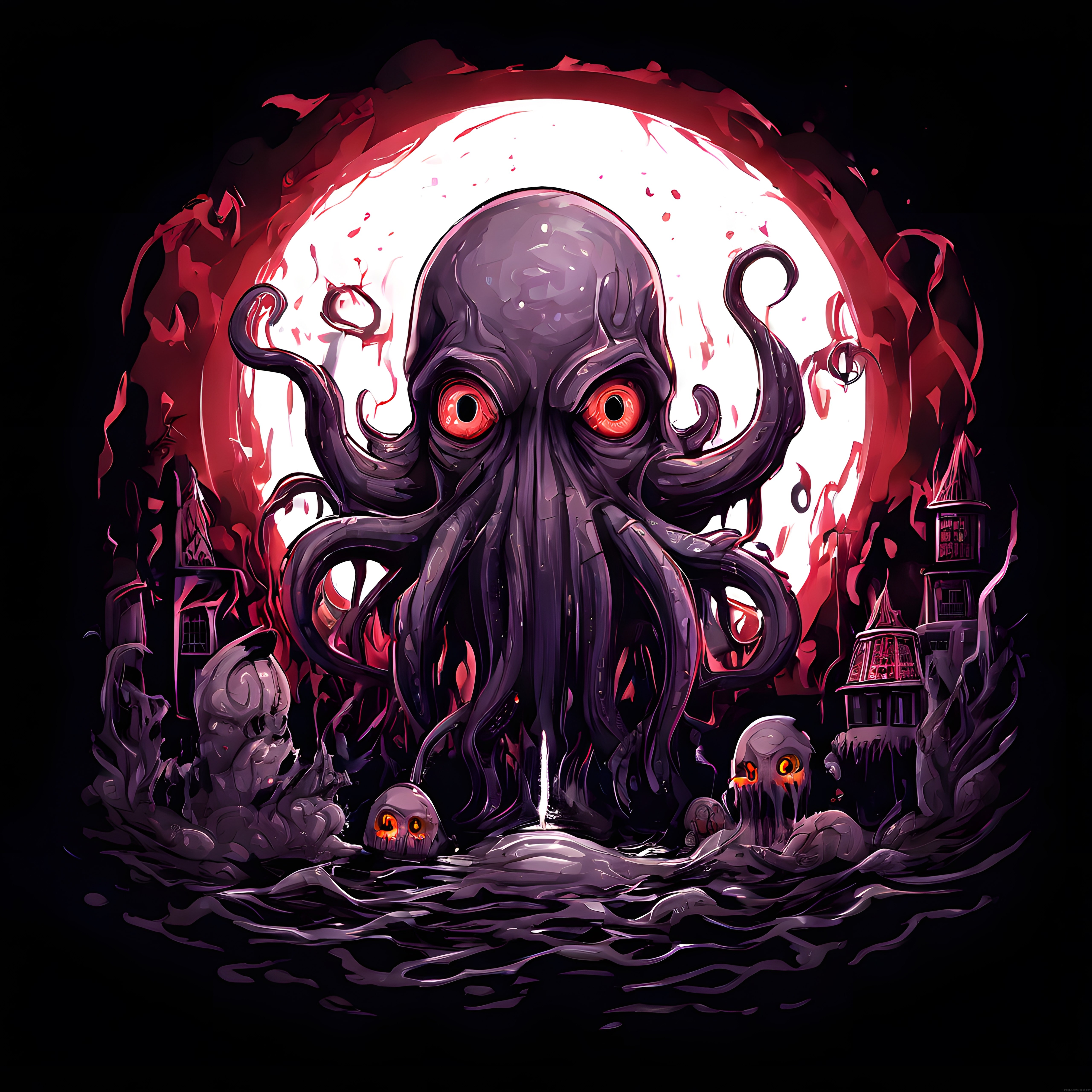Kanlı Ay Altında Yükselen Cthulhu: Karanlık Fantezi Dijital İllüstrasyon