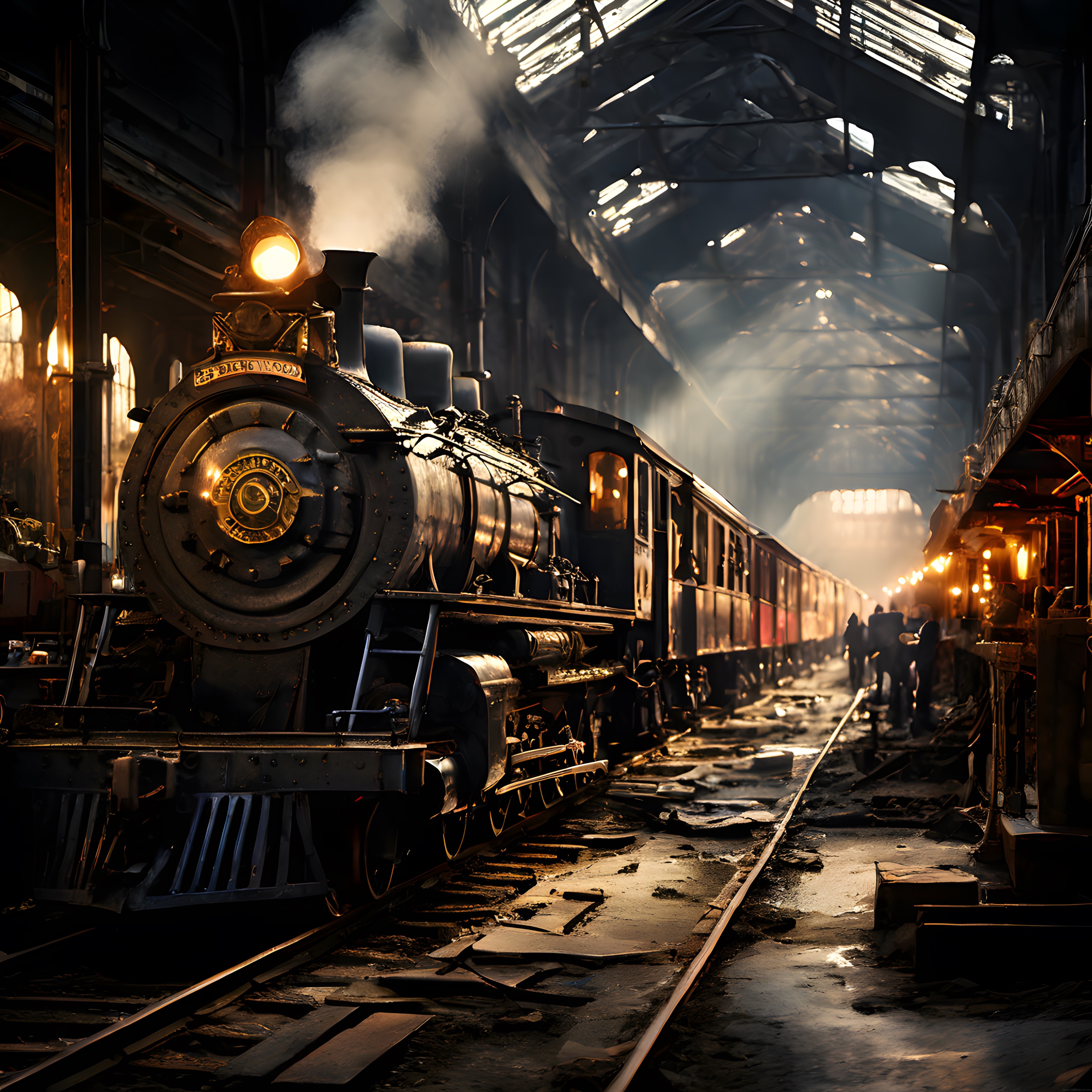 Kapalı Tren Garında Buharlı Lokomotif: Sinematik Işıklar ve Atmosfer