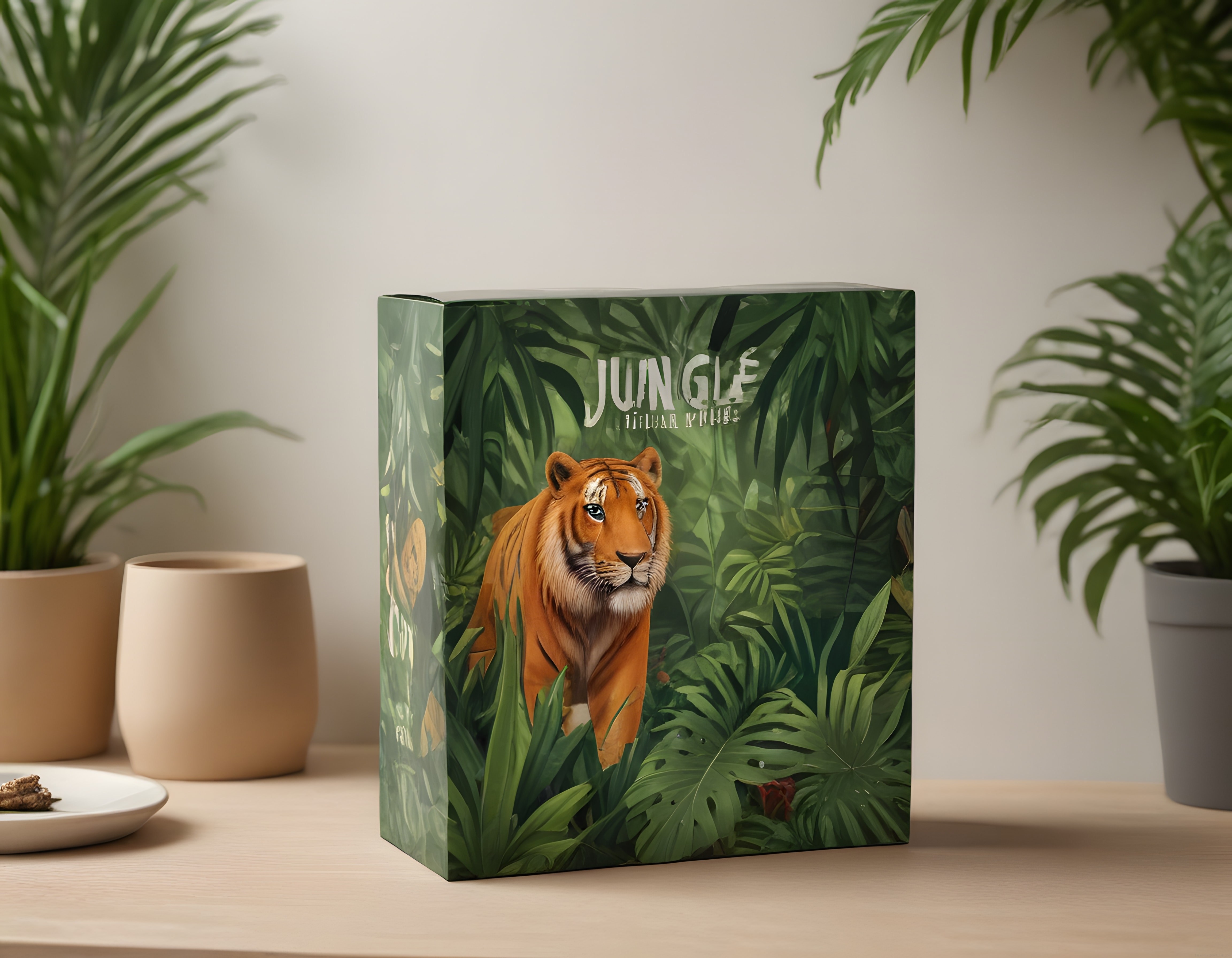 Kaplan baskılı jungle dekoratif kutu ve ev bitkileriyle modern ürün çekimi