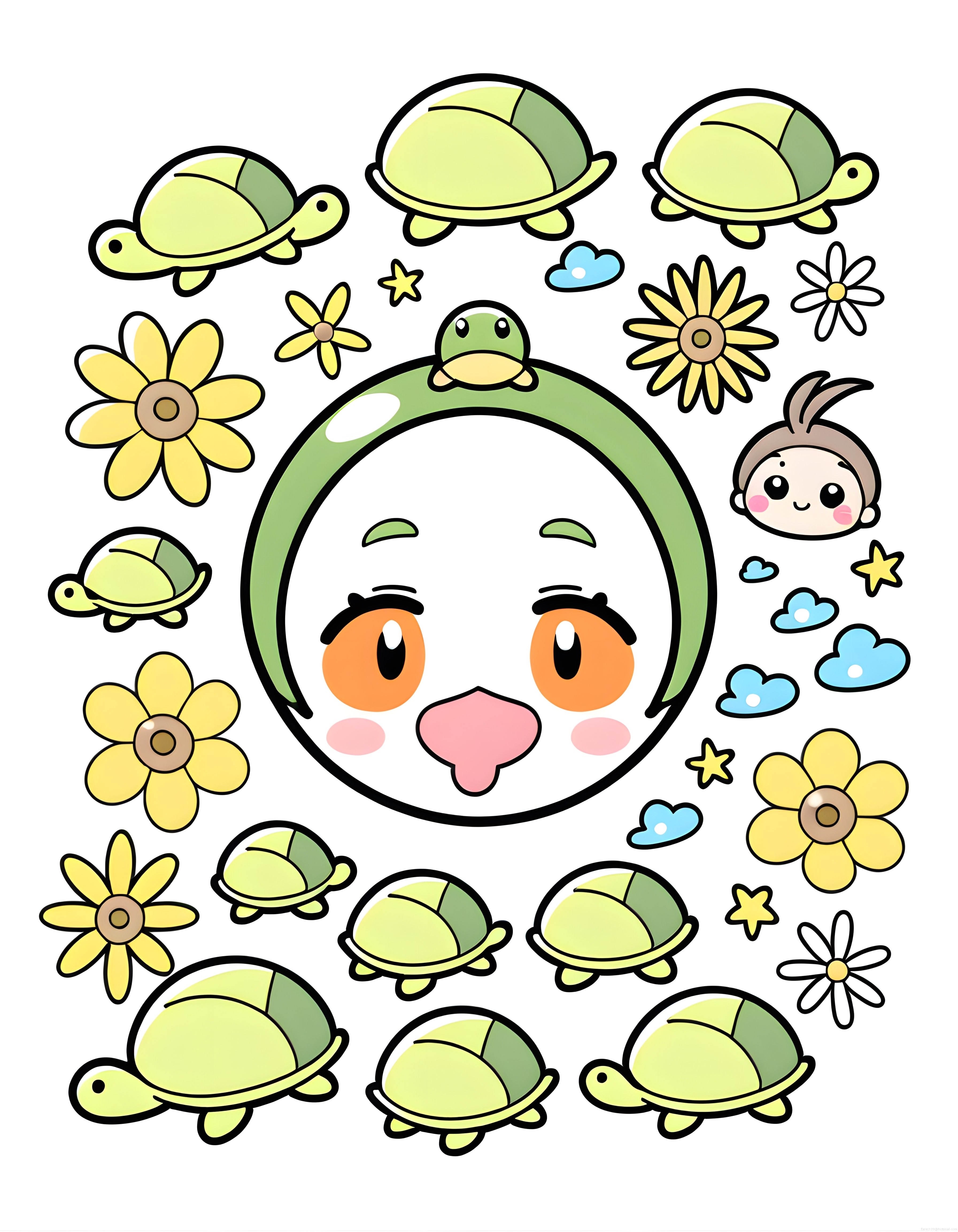 Kaplumbağalar ve Kawaii Karakterle Dolu Sevimli Animasyon Sticker Seti