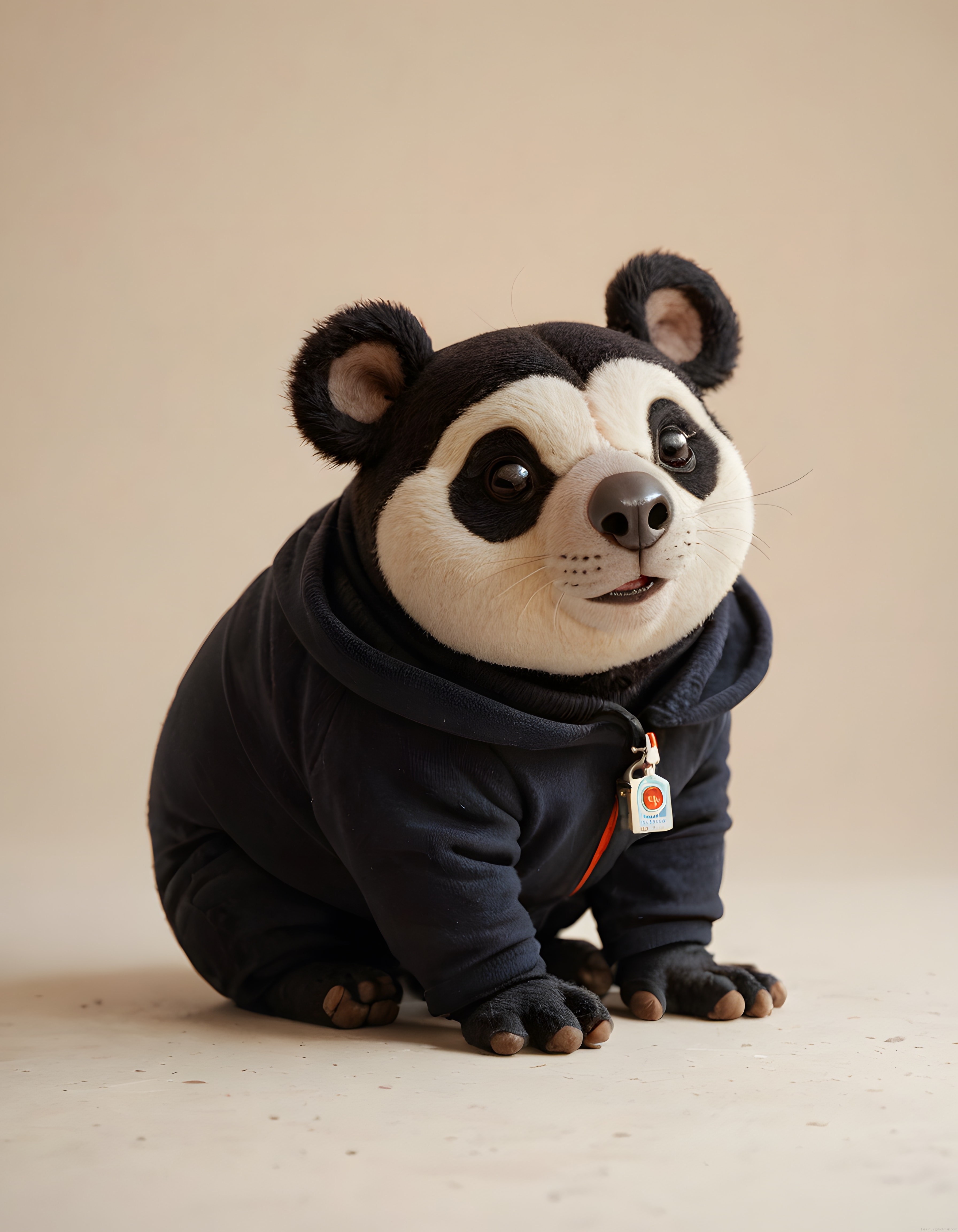 Kapüşonlu Sweatshirt Giyen Sevimli Panda Karakteri Minimal Bej Arka Planda