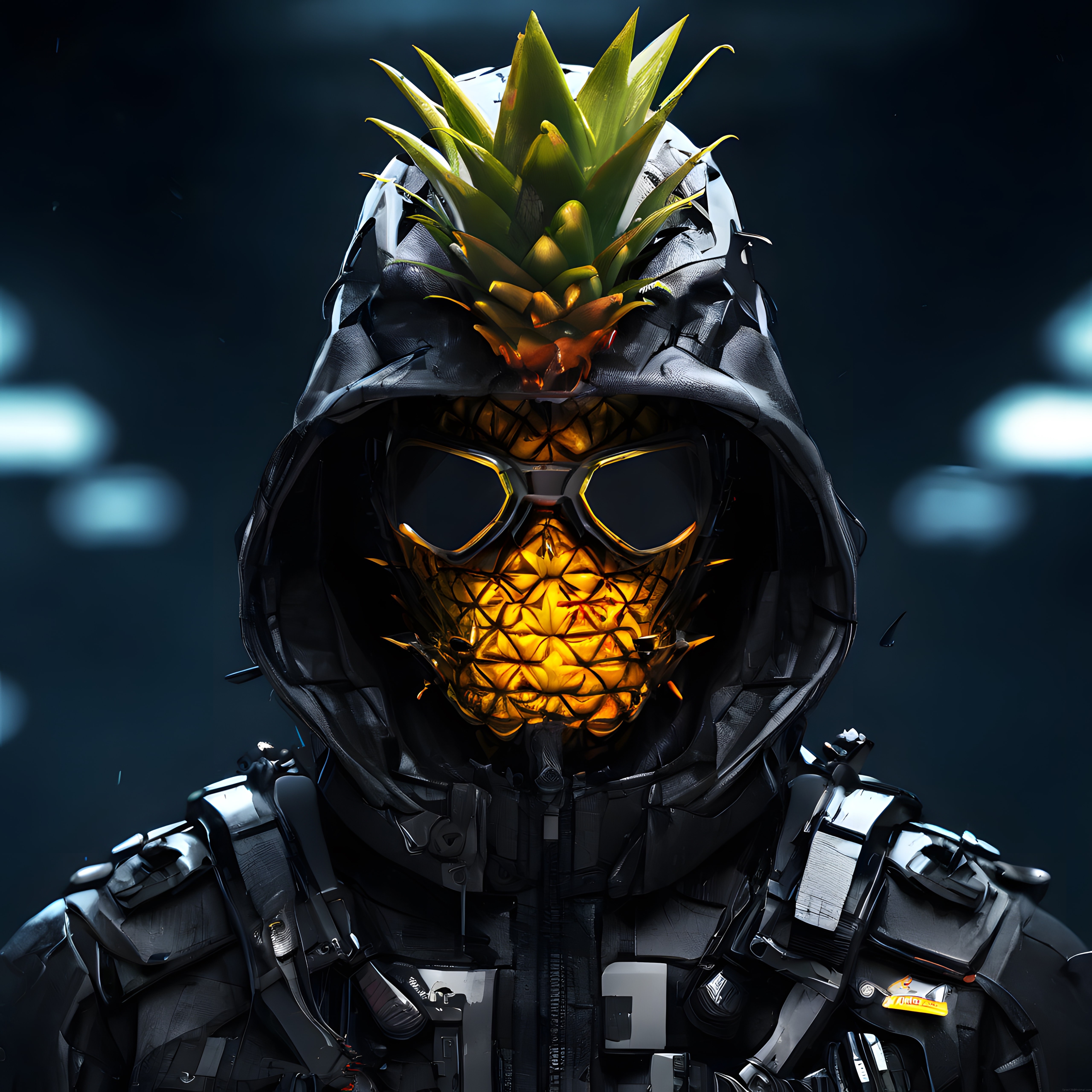 Kapüşonlu ve Zırhlı Ananas Kafalı Cyberpunk Karakter Dijital Sanatı