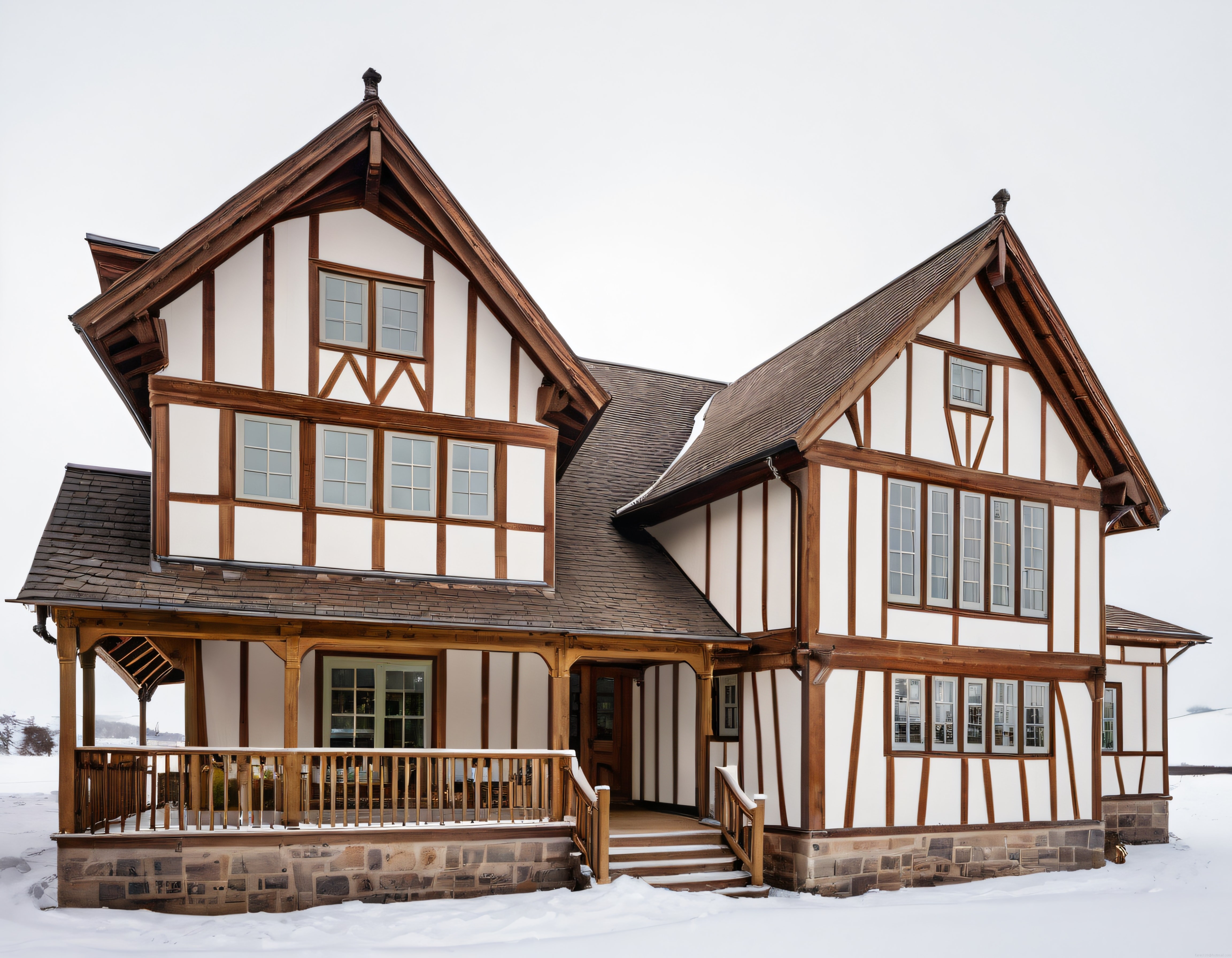 Kar Altındaki Beyaz Örtüyle Kaplı Ahşap Karkaslı Tudor Tarzı Evi
