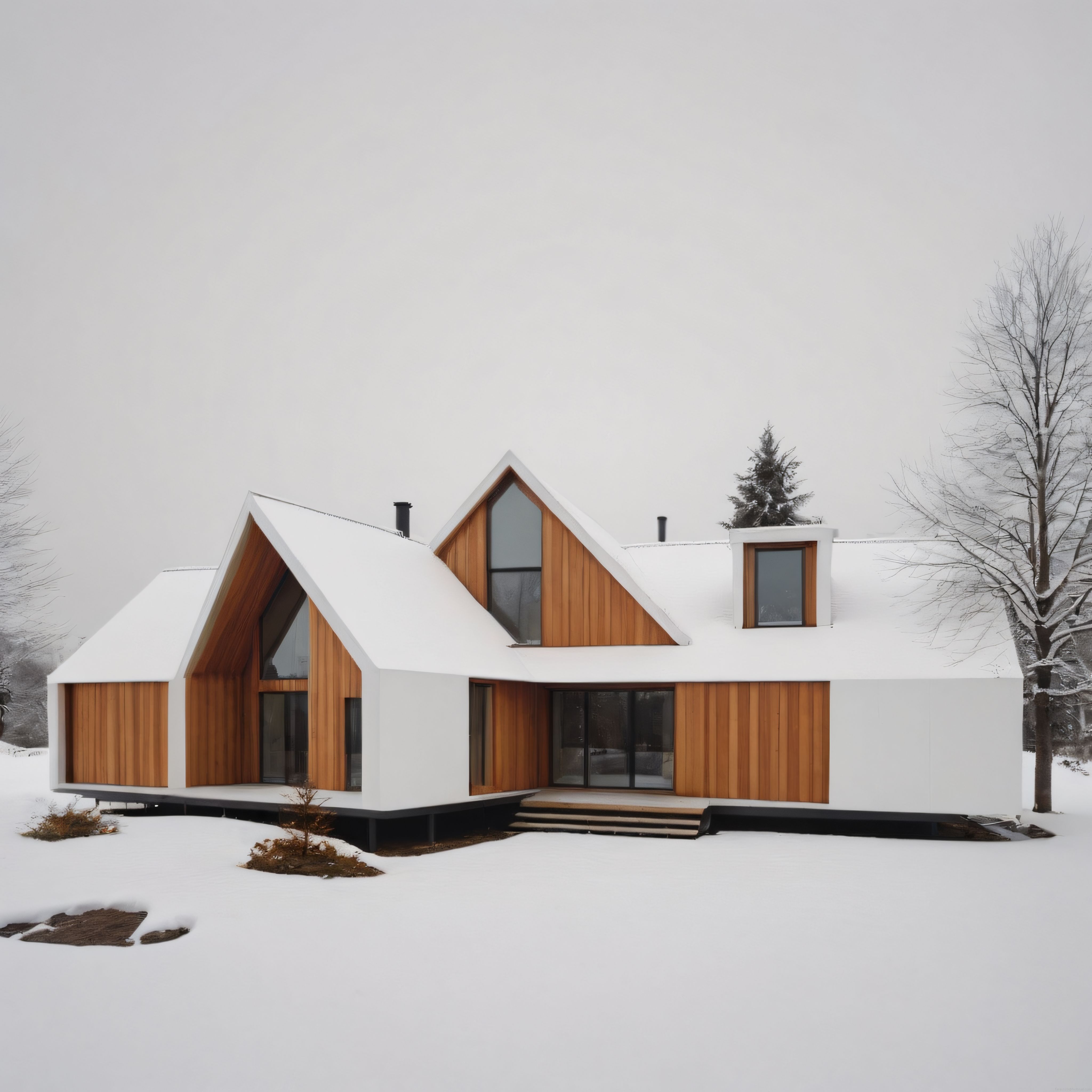 Kar Altındaki Modern Çatılı Ahşap Cepheli Beyaz Minimalist Ev Mimarisi
