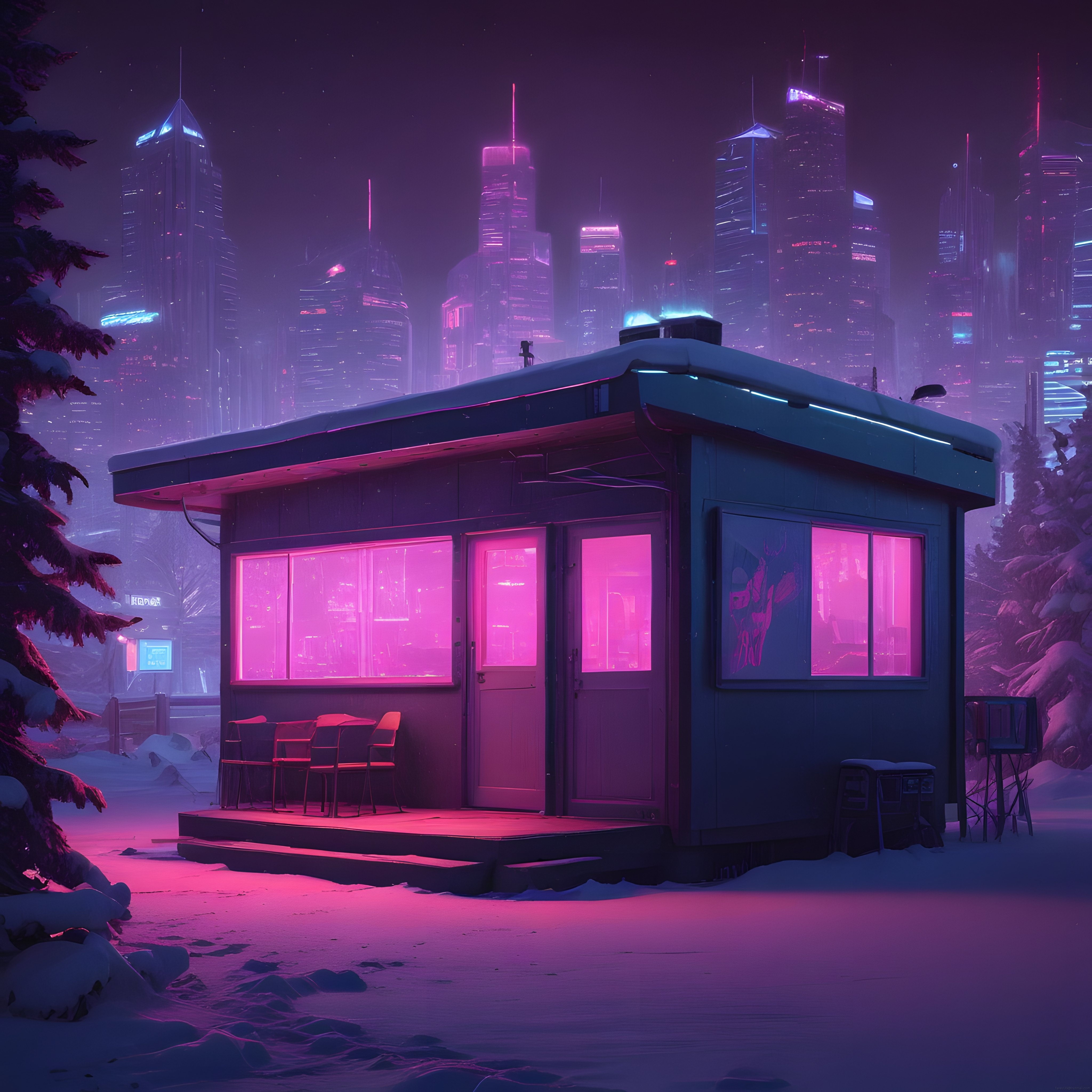 Kar Altındaki Neon Kulübe ve Sisli Cyberpunk Gökdelenlerin Gizemli Atmosferi