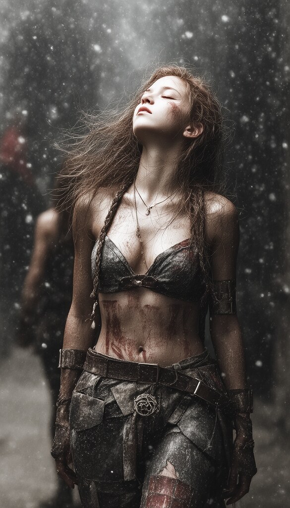 Kar fırtınasındaki viking savaşçısı kadın: Dramatik fantastik dijital portre
