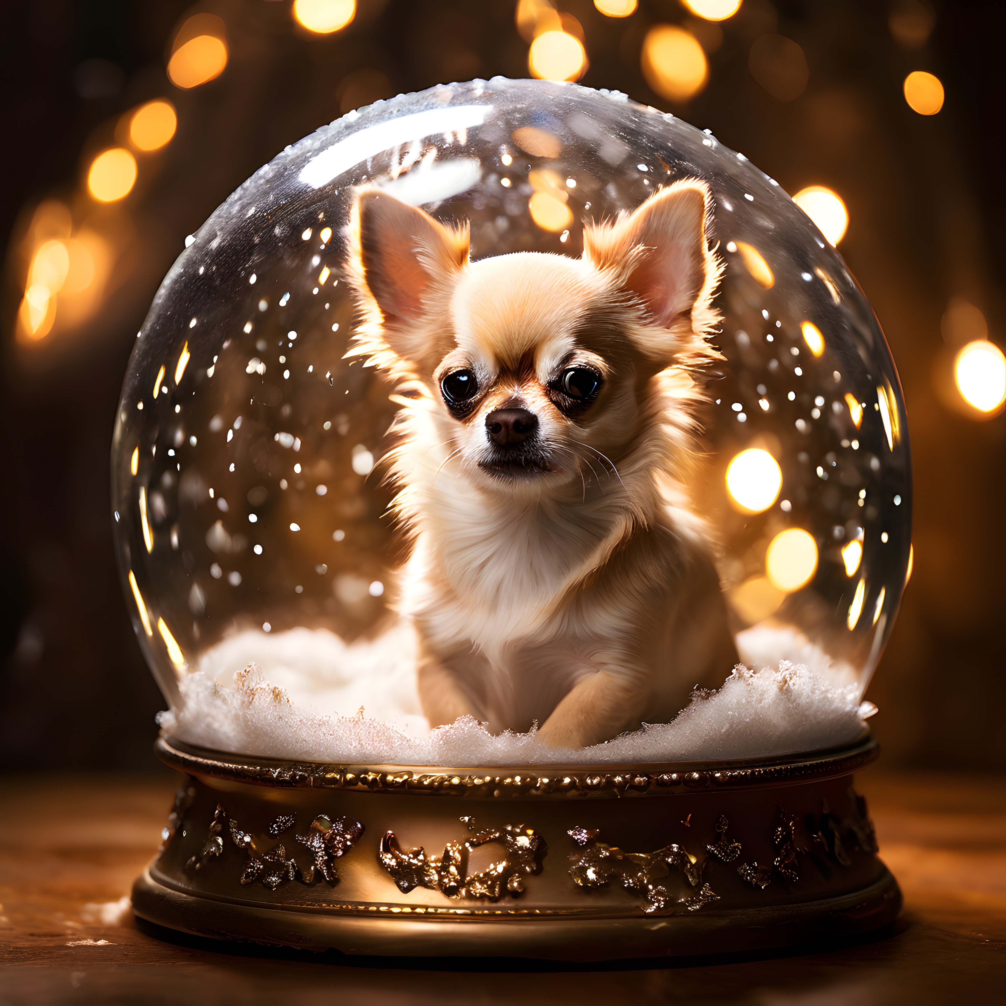 Kar küresi içinde oturan sevimli chihuahua ve ılık yılbaşı ışıkları
