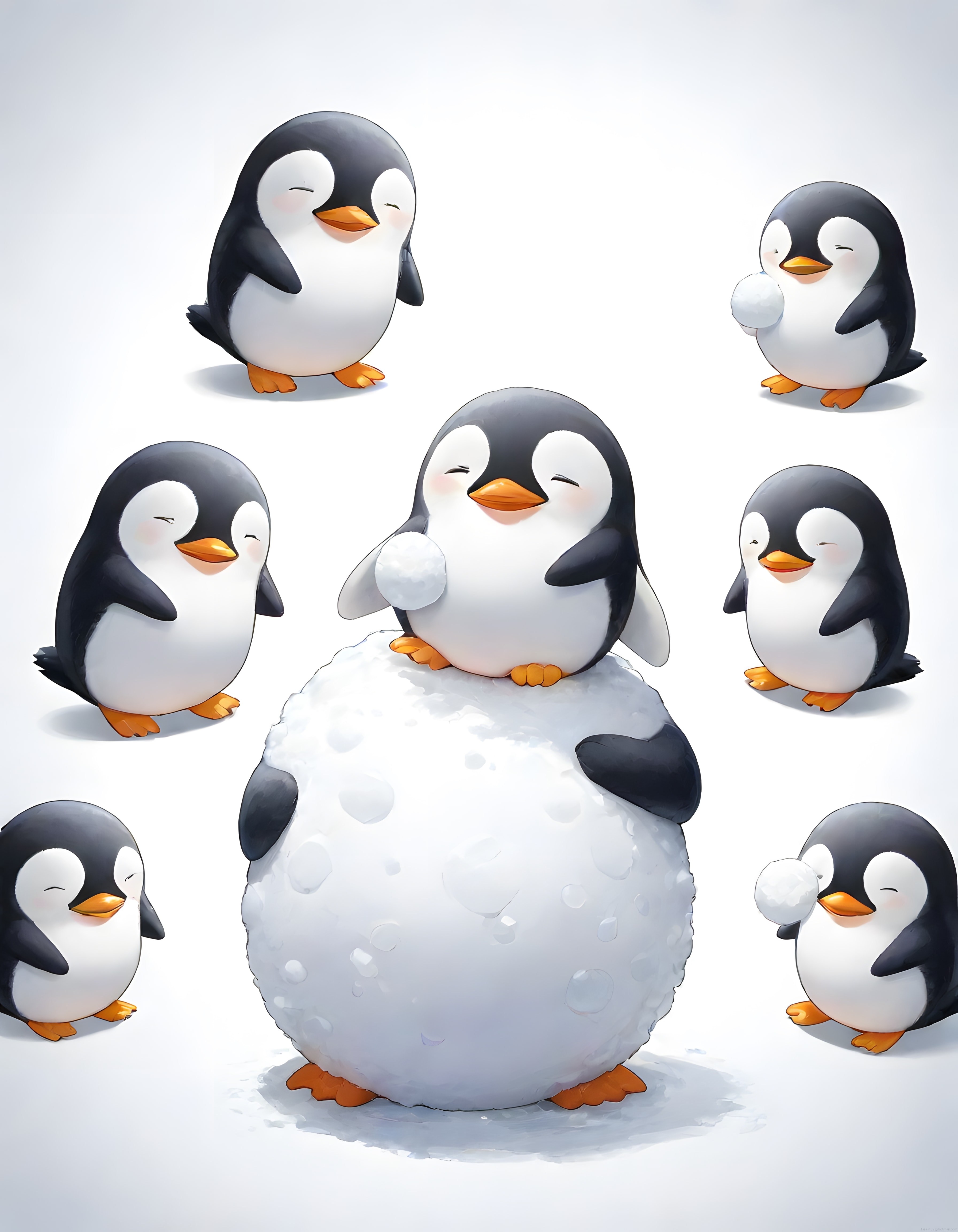 Kar Küresi Üzerinde Oturan ve Arkadaşlarıyla Oynayan Sevimli Penguenler