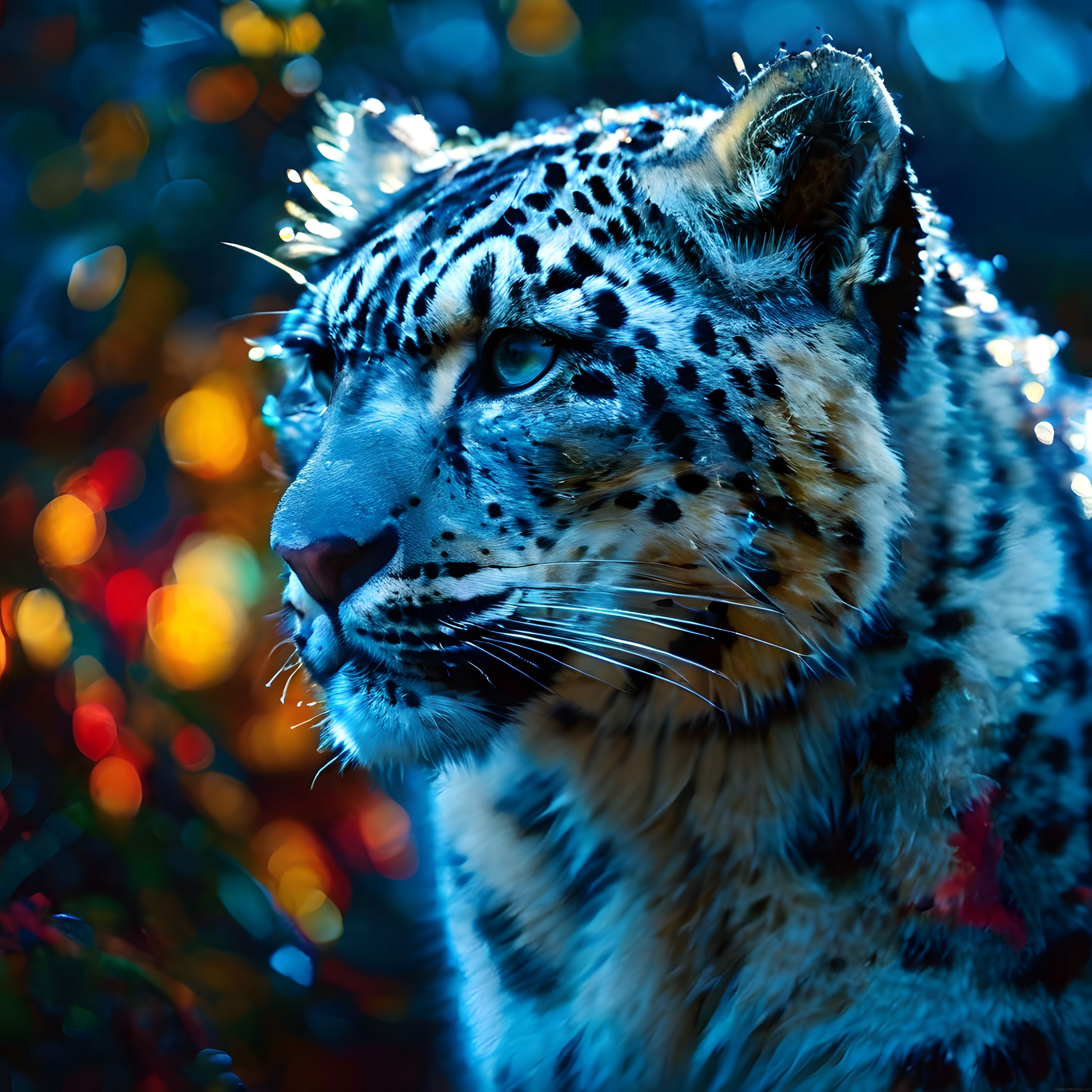 Kar Leoparının Renkli Bokeh ve Mavi Tonlarda Büyüleyici Yakın Çekim Portresi