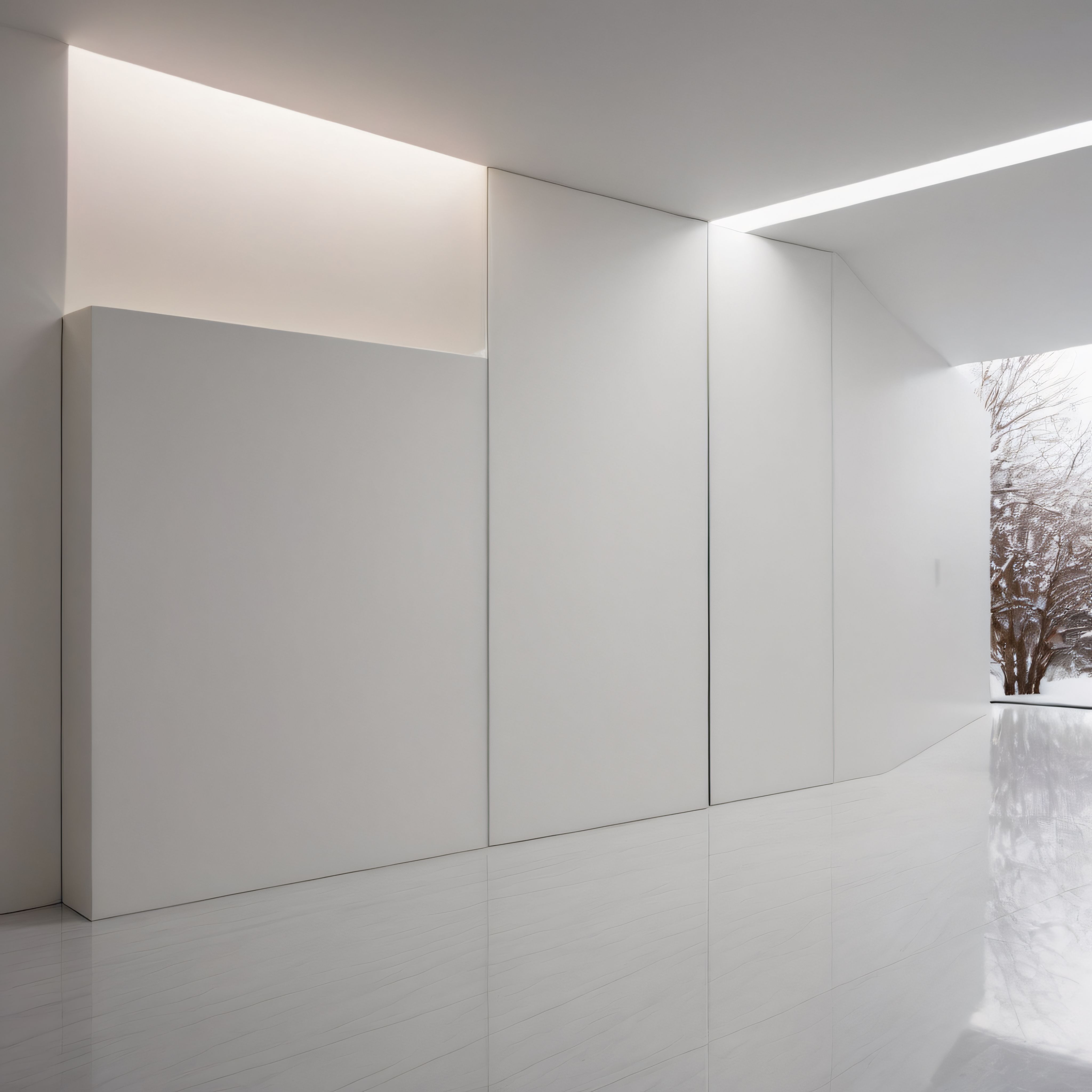 Kar Manzaralı Beyaz Salon ve Gizli Aydınlatma ile Minimalist Tasarım