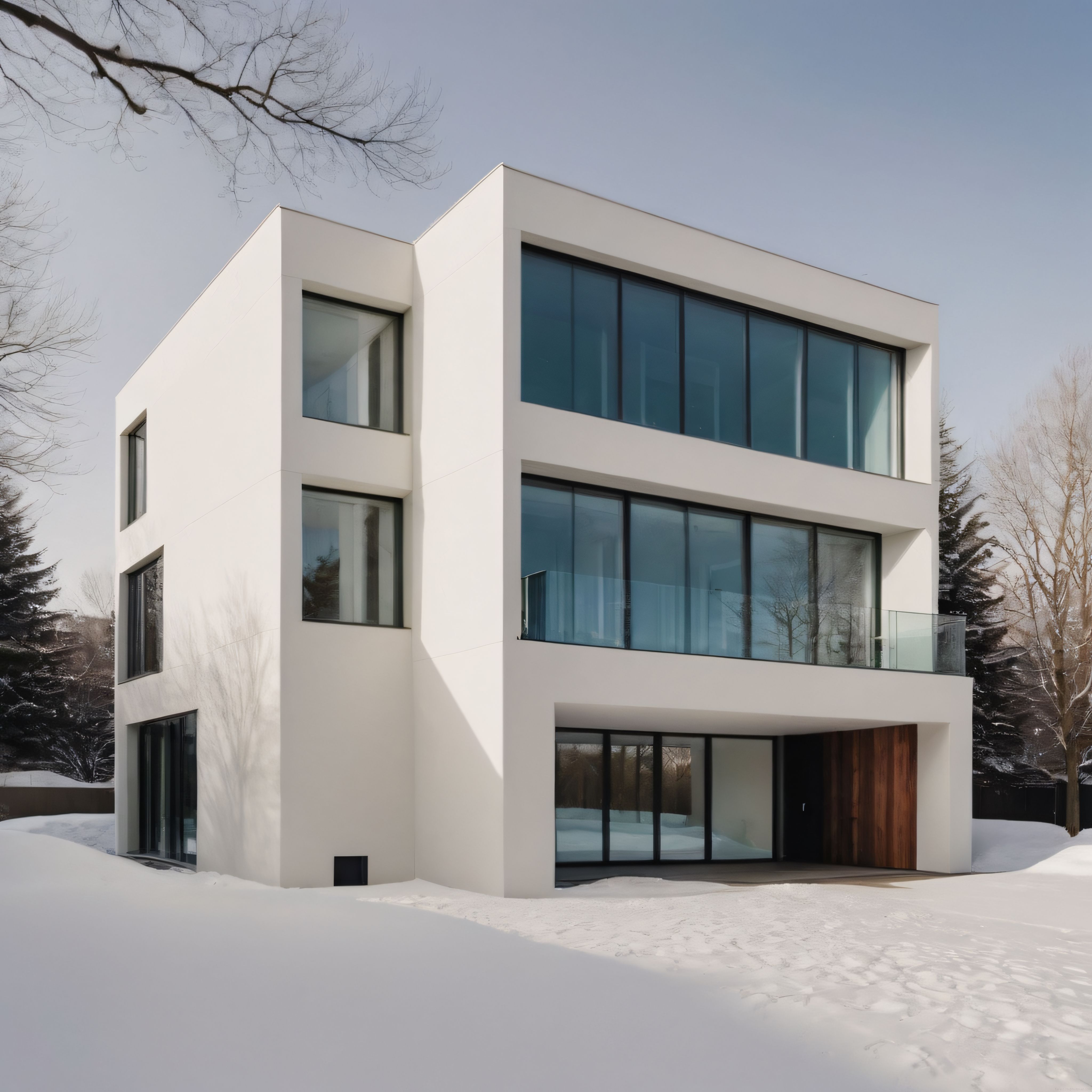 Kar Manzaralı Çağdaş Minimalist Villa ve Geniş Mavi Cam Pencereler