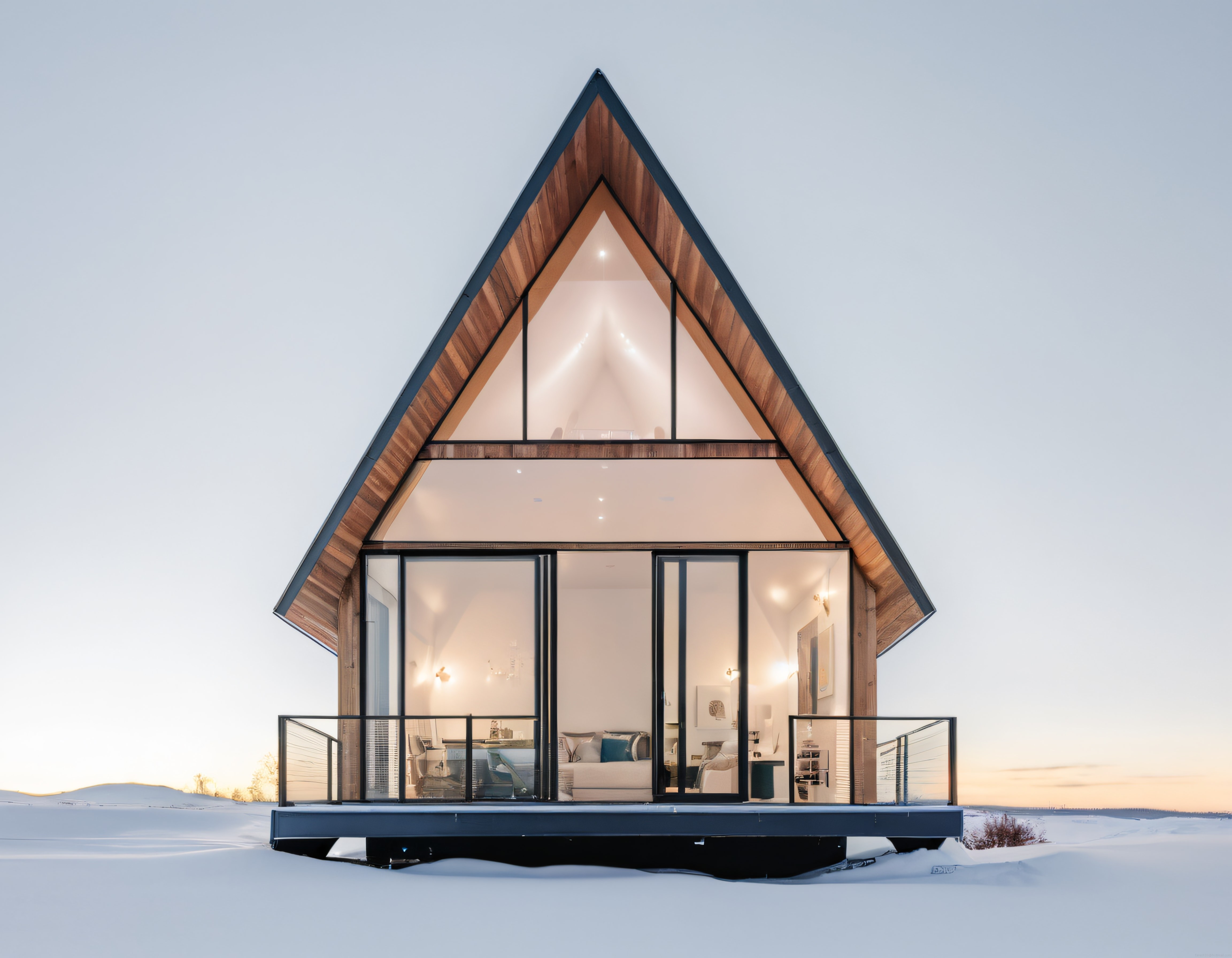 Kar Ortasında Panoramik Camlı Modern Ahşap A-Frame Dağ Evi Tasarımı