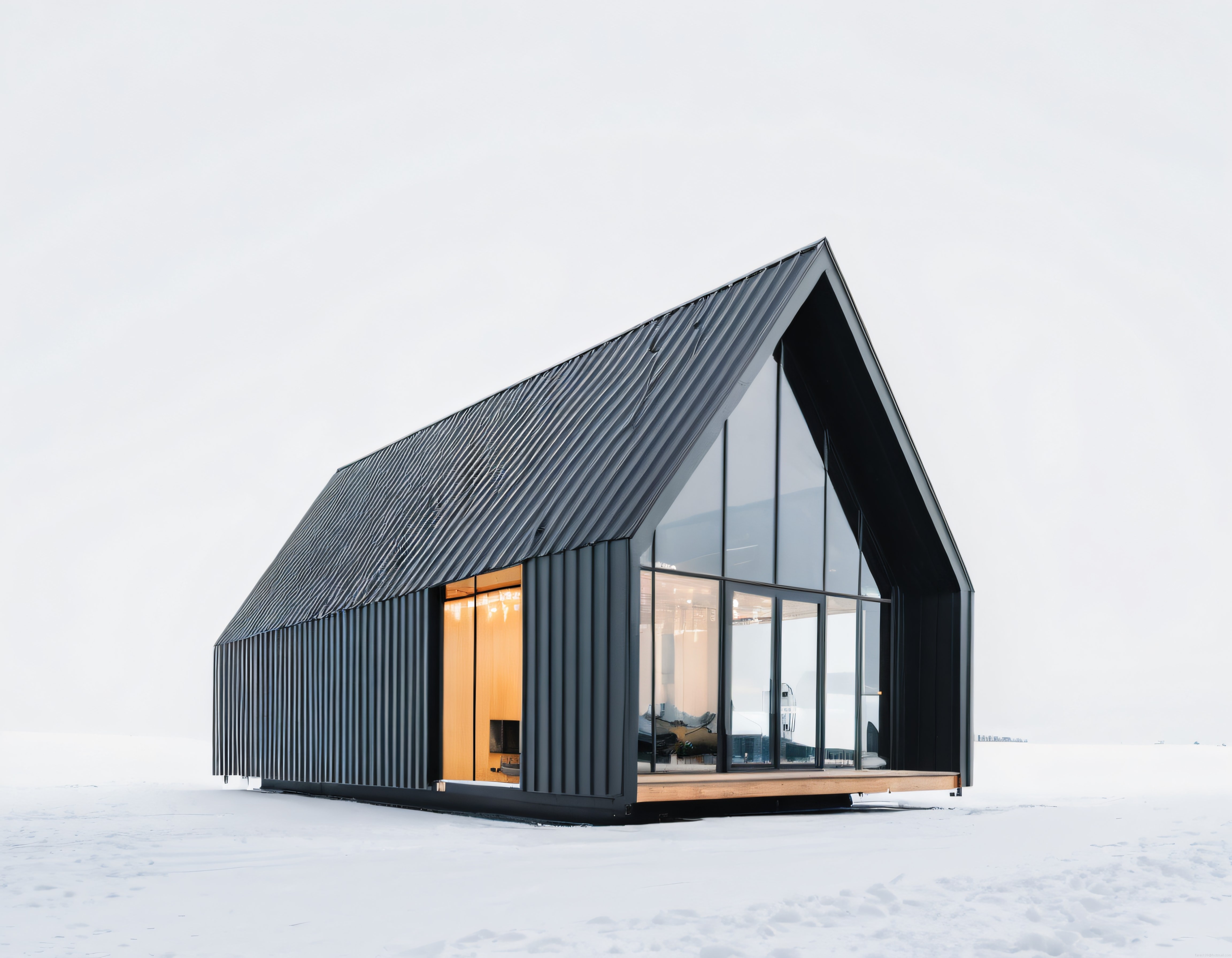 Kar Örtülü Arktik Peyzajda Büyük Camlı Modern Siyah Minimalist Dağ Evi