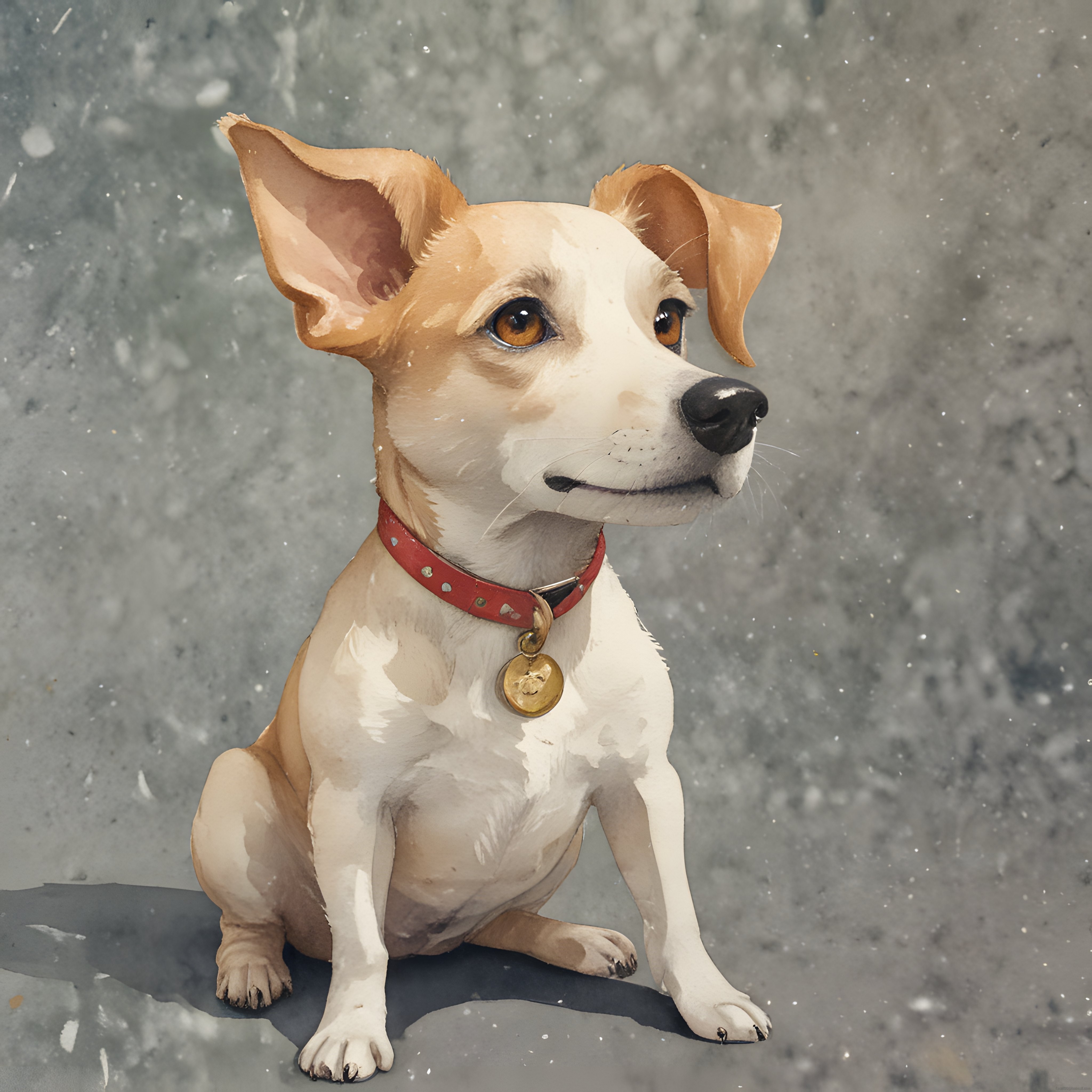 Kar taneleri altında oturan kırmızı tasmalı sevimli jack russell terrier köpek illüstrasyonu