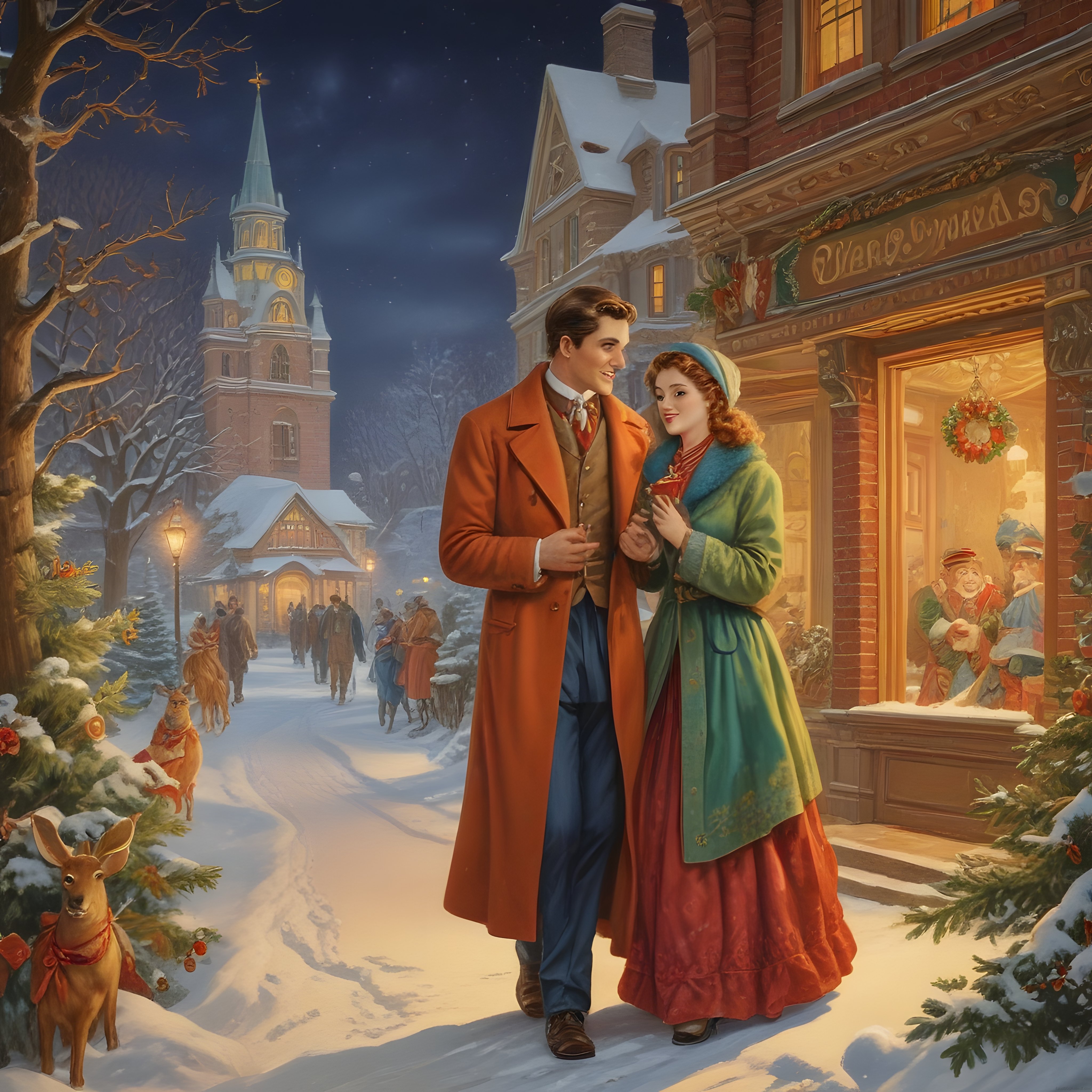 Kar Taneleri Altında Victorian Çifti ve Sihirli Noel Kasabası İllüstrasyonu