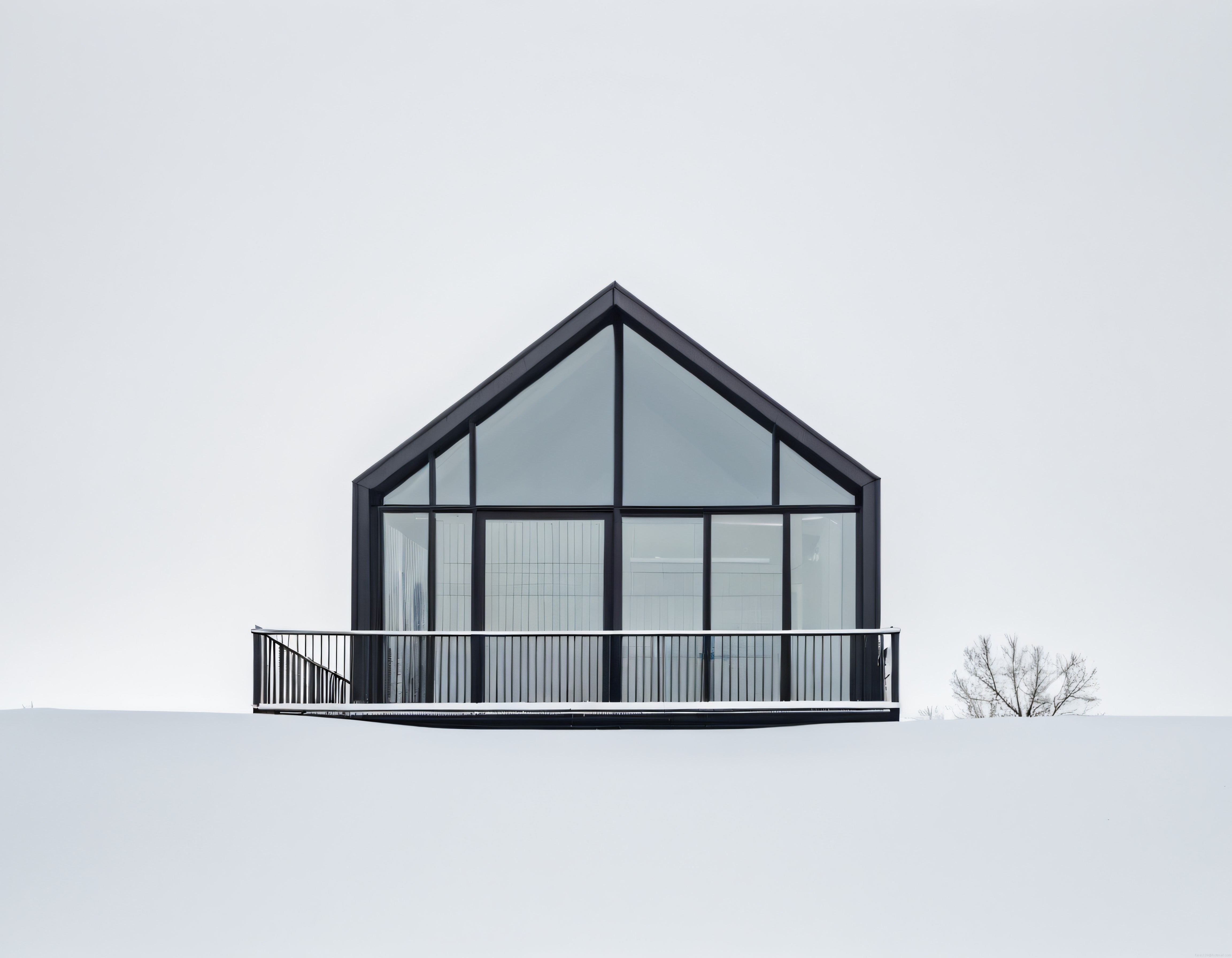 Kar ve Sis Arasında Cam Cepheli Modern Minimalist Mimari Yapı