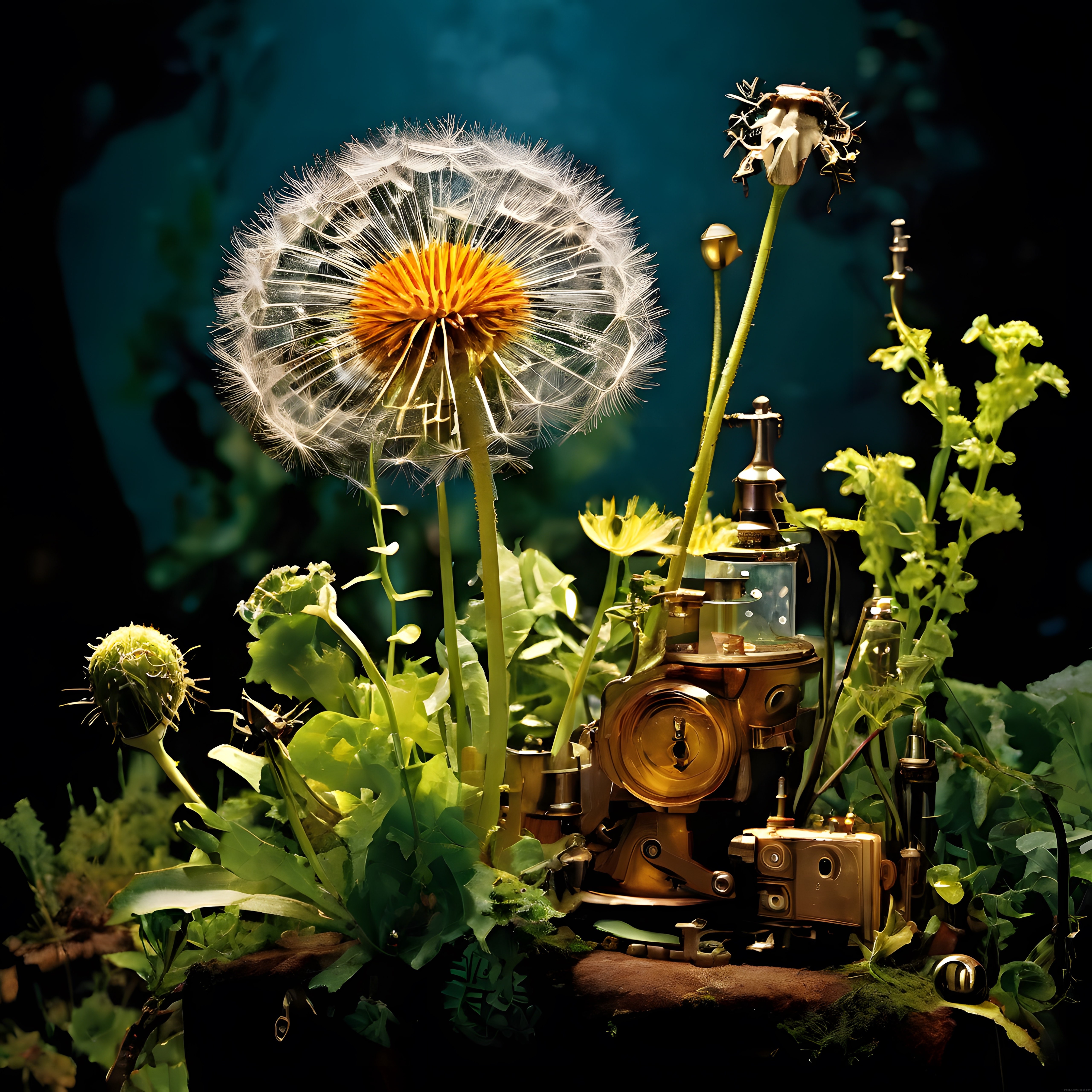 Karahindiba ve Steampunk Makinenin Büyüleyici Dijital Sanat Kompozisyonu