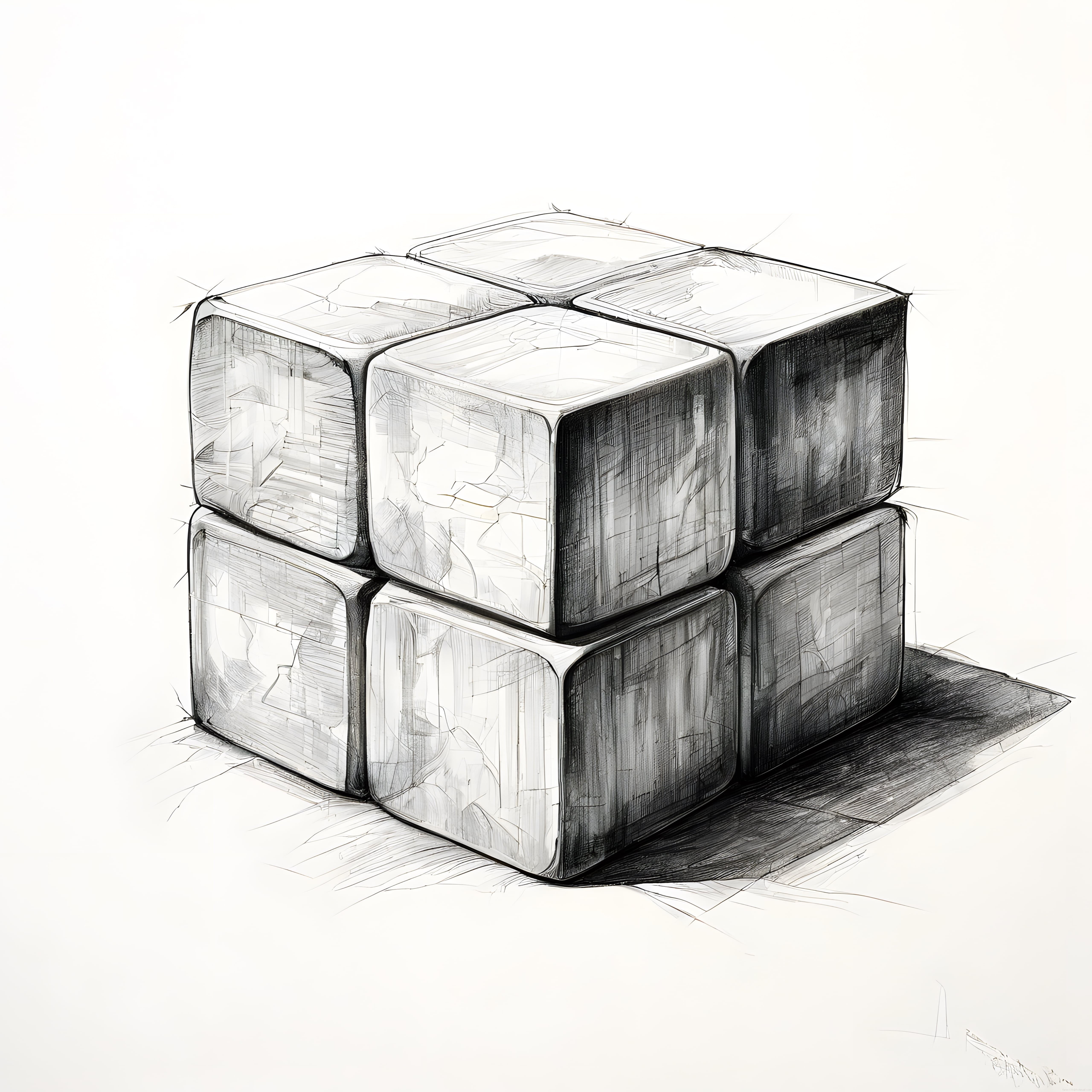 Karakalem tekniğiyle çizilmiş üç boyutlu rubik küpü sanatsal eskiz çalışması