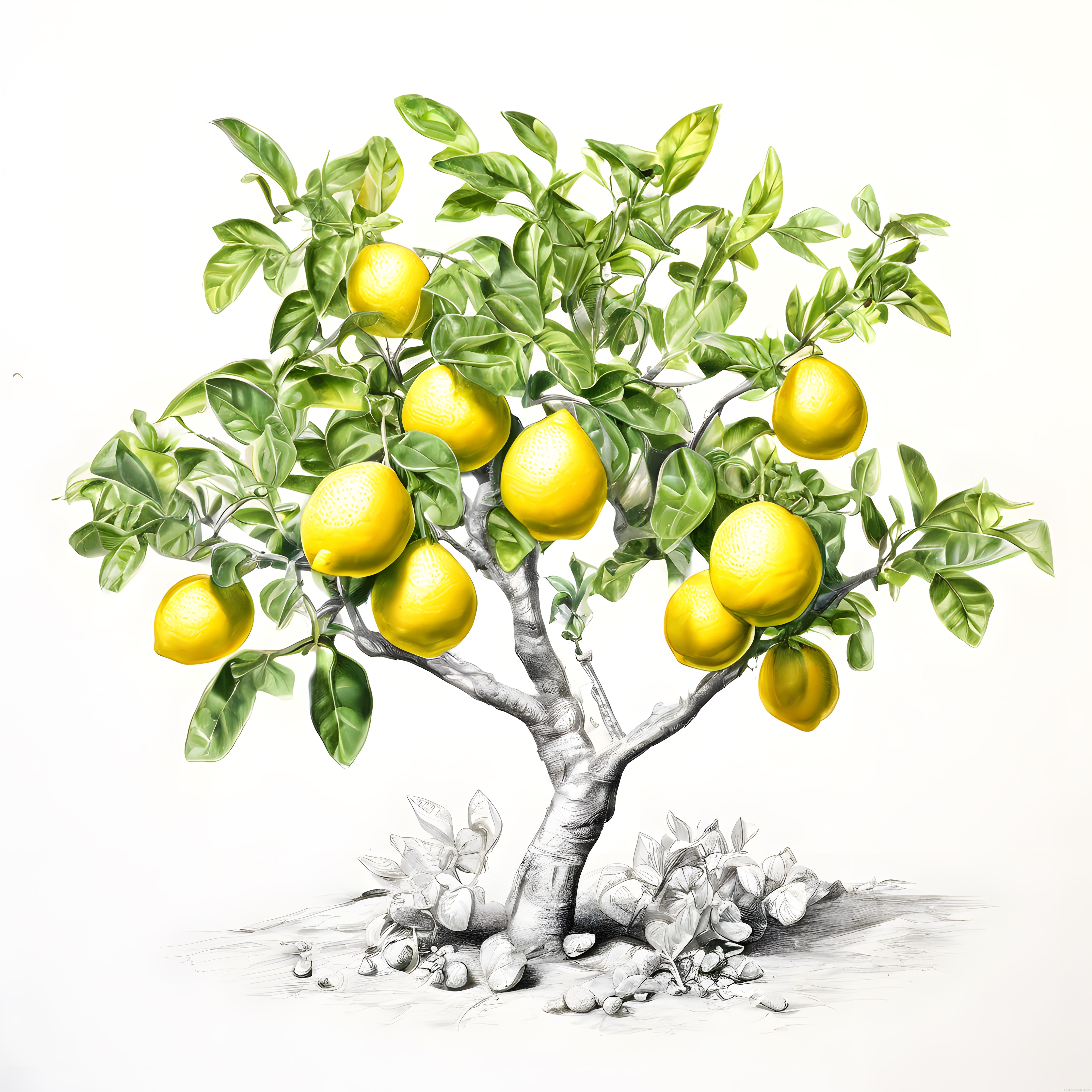 Karakalem ve suluboya efektiyle stilize limon ağacı sanatsal çalışması