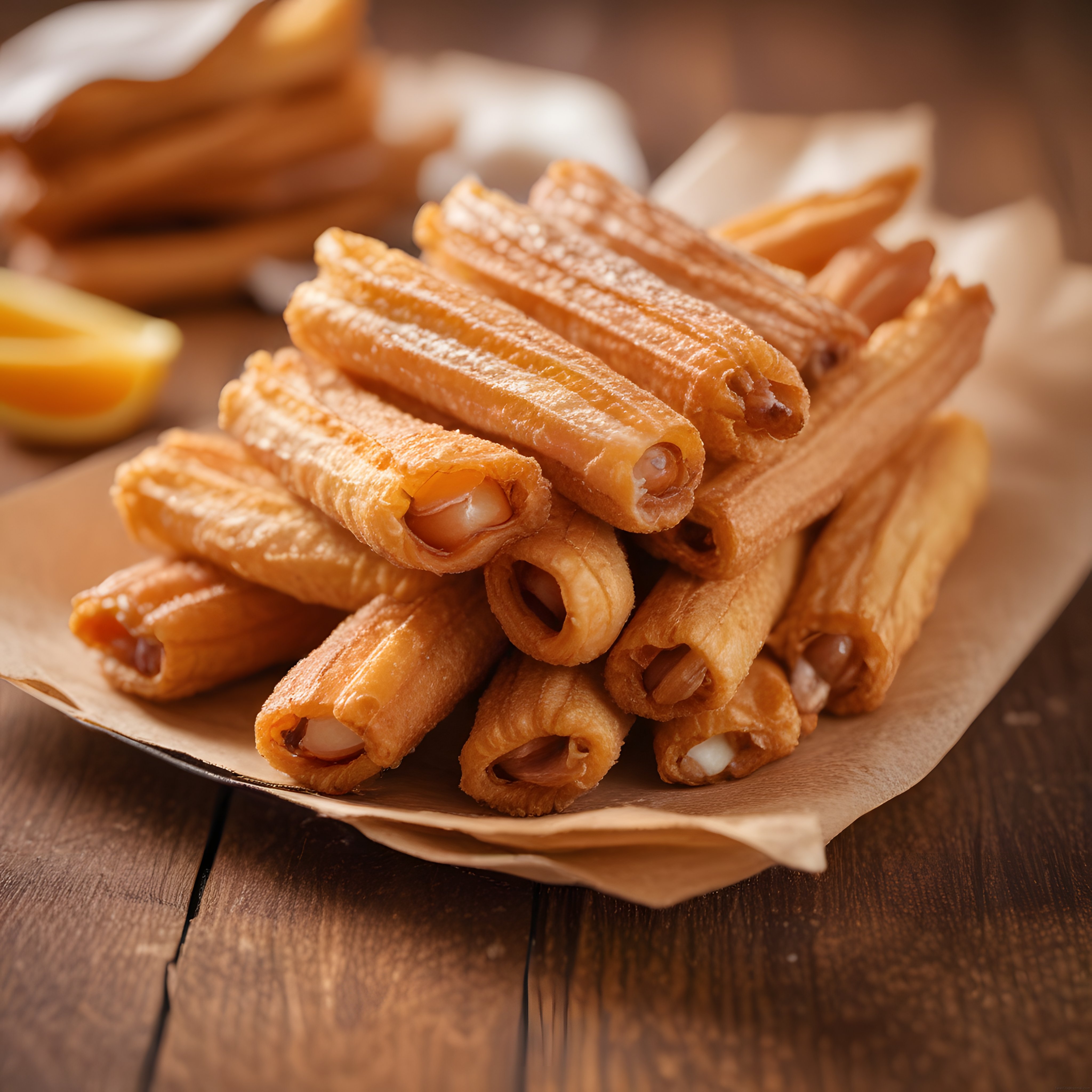 Karamel Dolgulu Altın Rengi Churros ve Eritilmiş Çikolata Sosu Eşliğinde