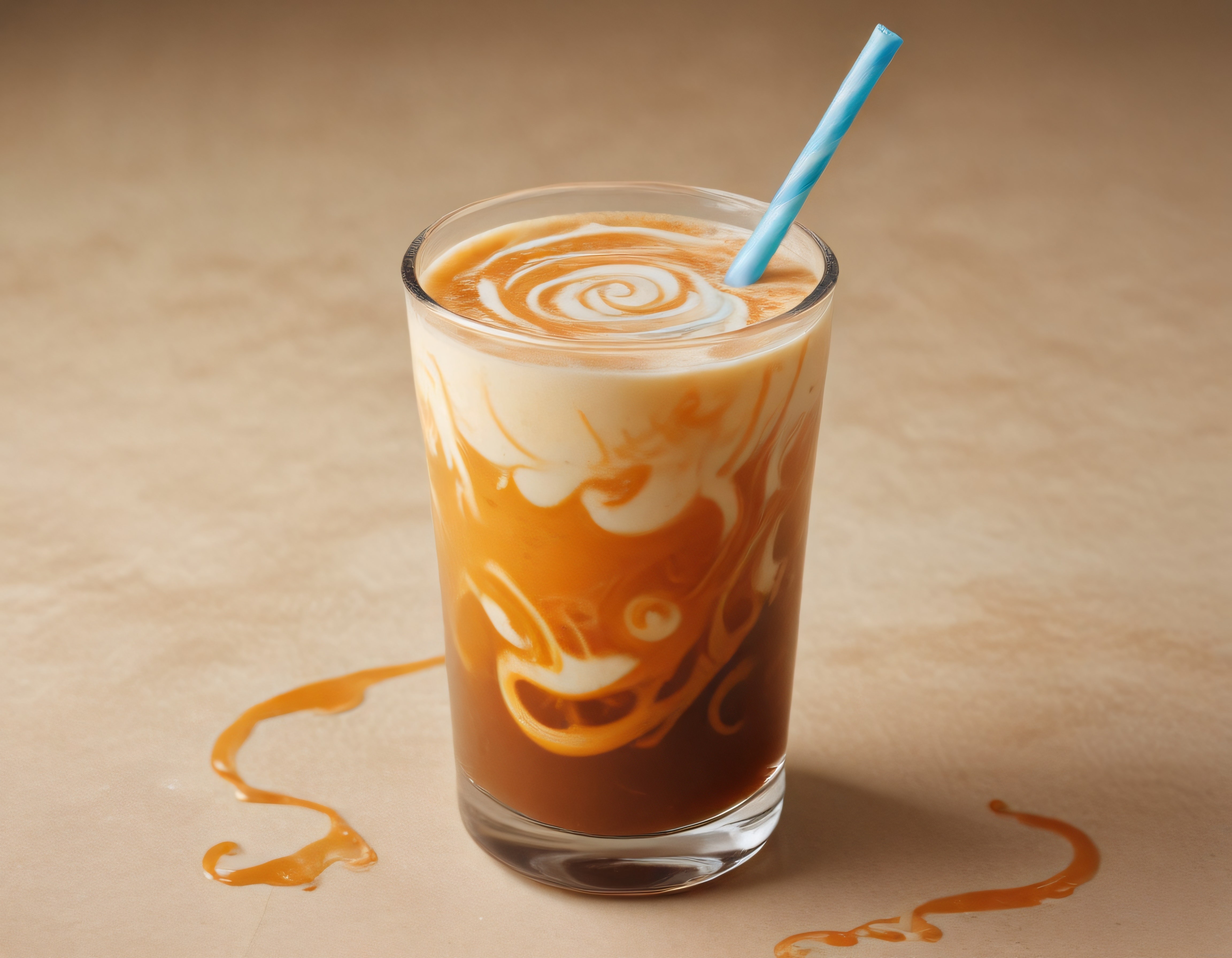 Karamel sos süslemeli büyük bardak soğuk latte içeceği ve mavi pipet detayı