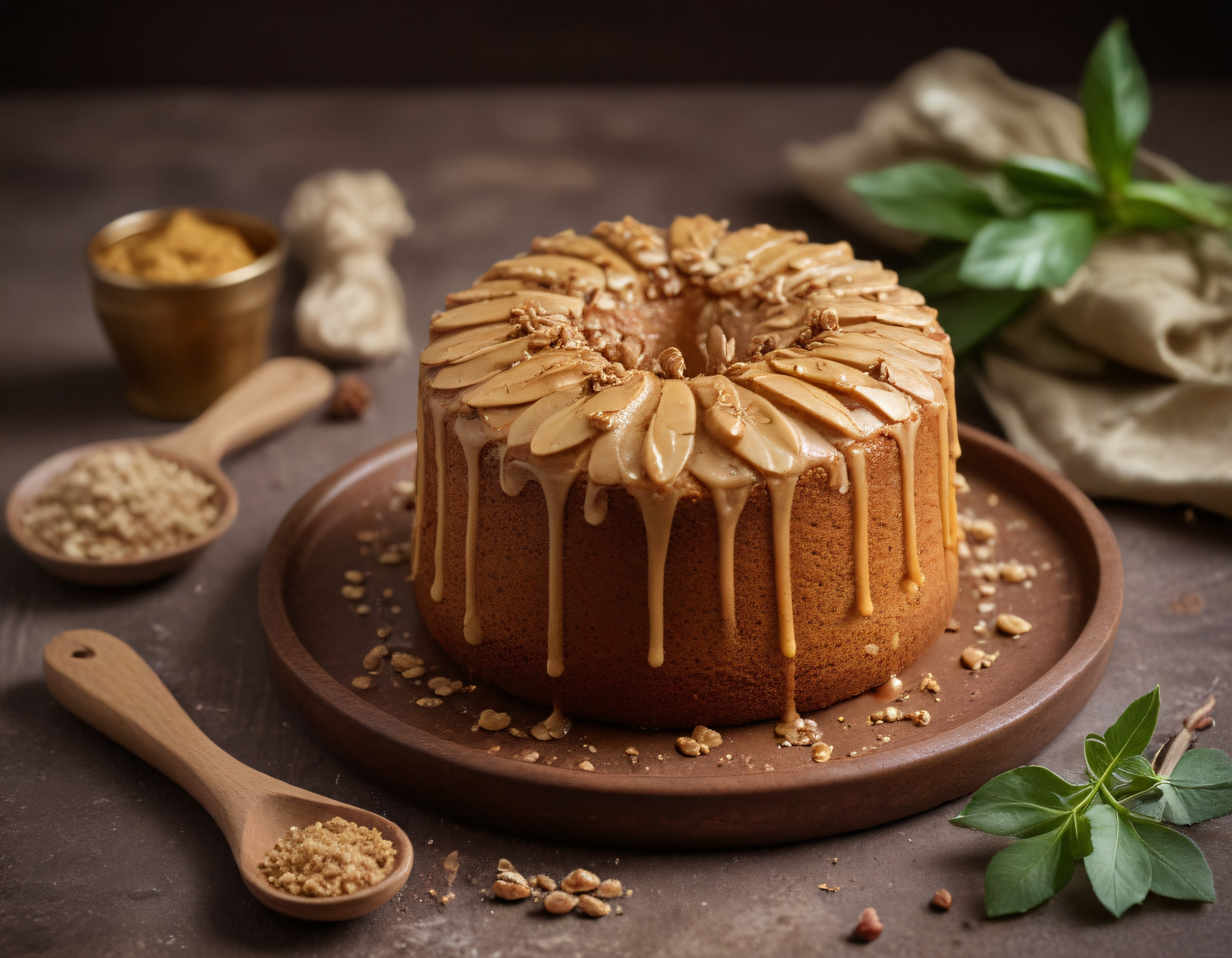Karamel soslu bademli kek, rustik ahşap sunumuyla tatlı tariflerinin başyapıtı