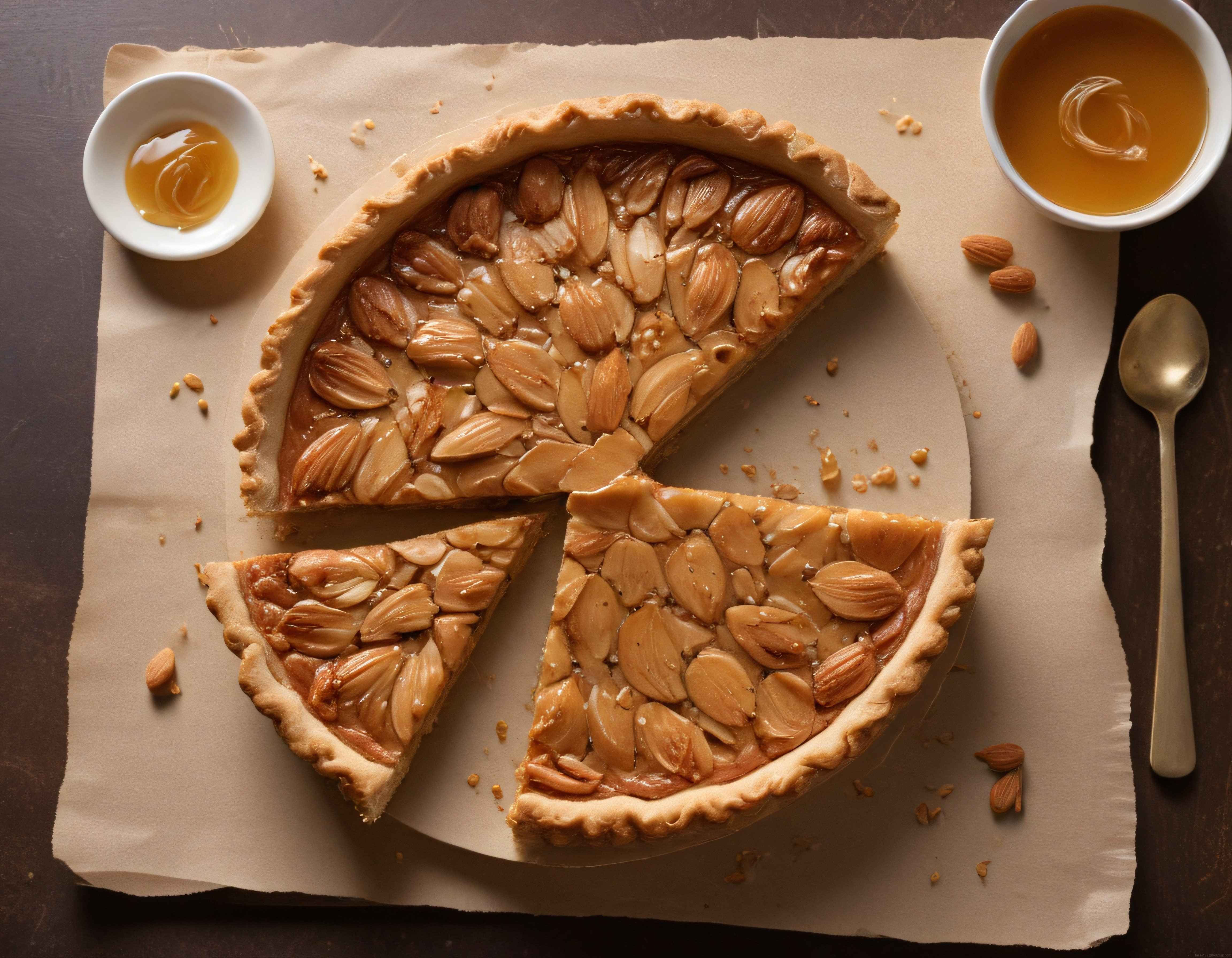 Karamel Soslu Bademli Tart: Dilimlenmiş Tatlı ve Rustik Sunum Görseli