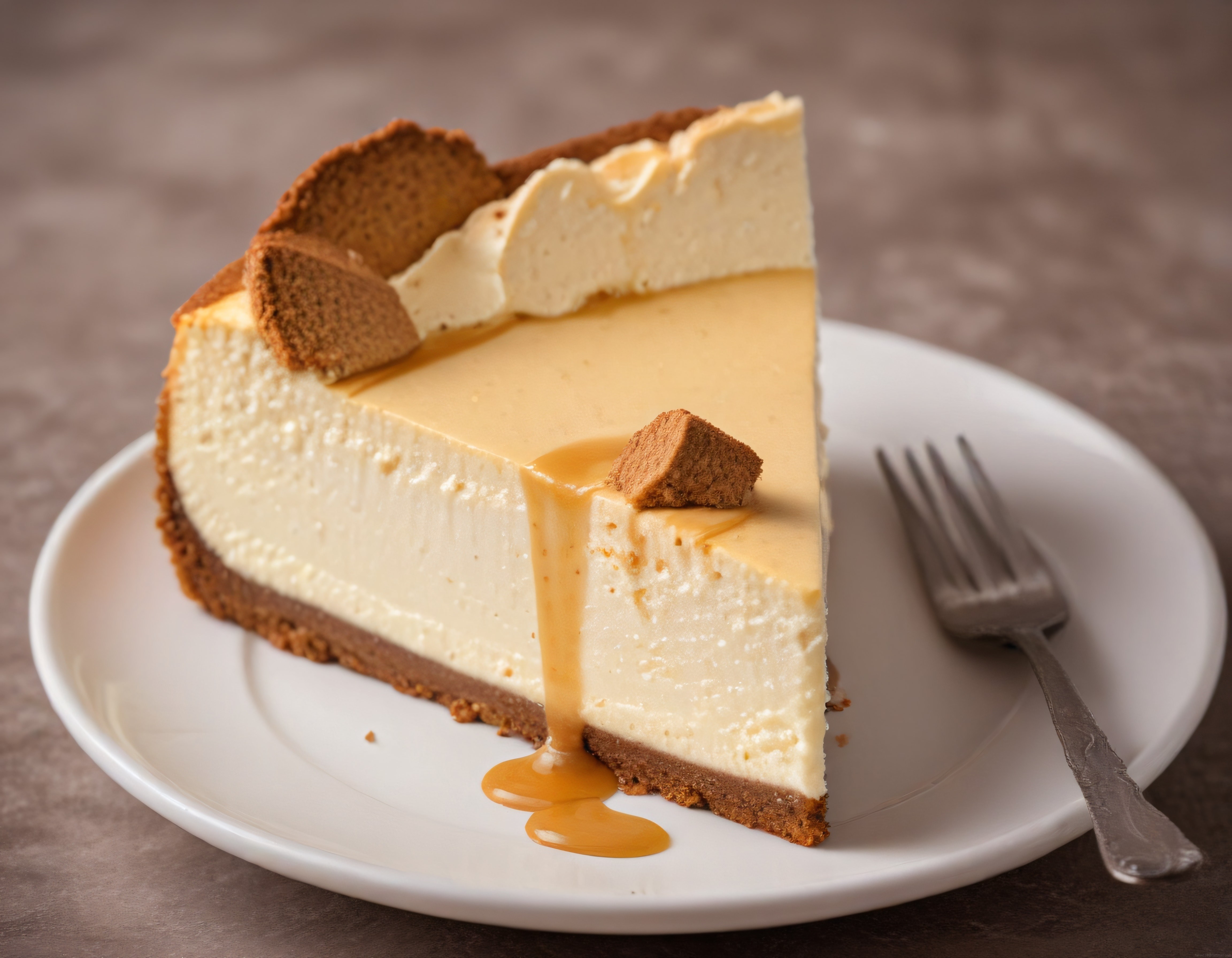 Karamel Soslu Cheesecake Dilimi Üzerinde Kremalı Süsleme ve Kurabiye