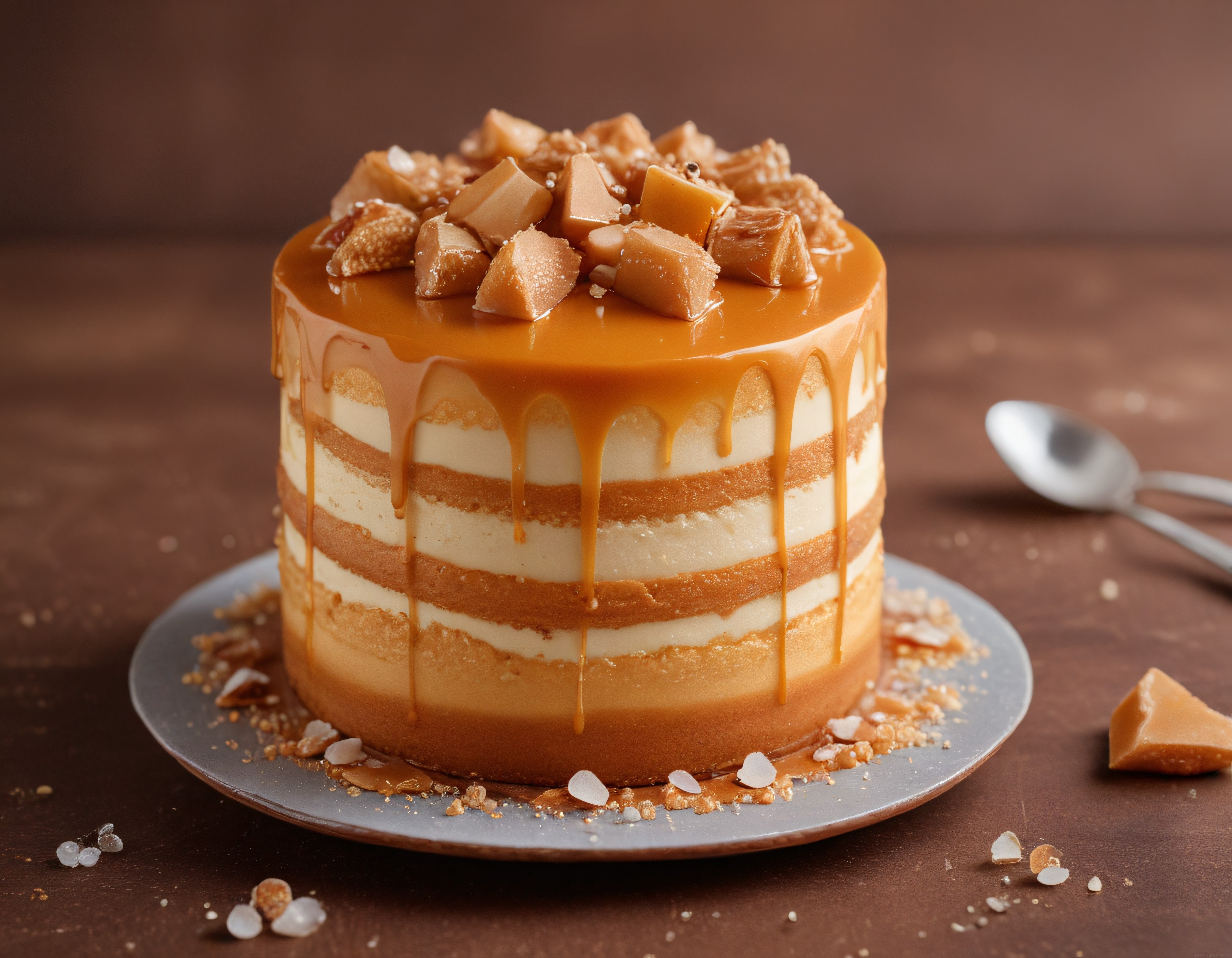 Karamel Soslu Katmanlı Pasta ve Fudge Parçacıklarıyla Büyüleyici Tatlı Sunumu