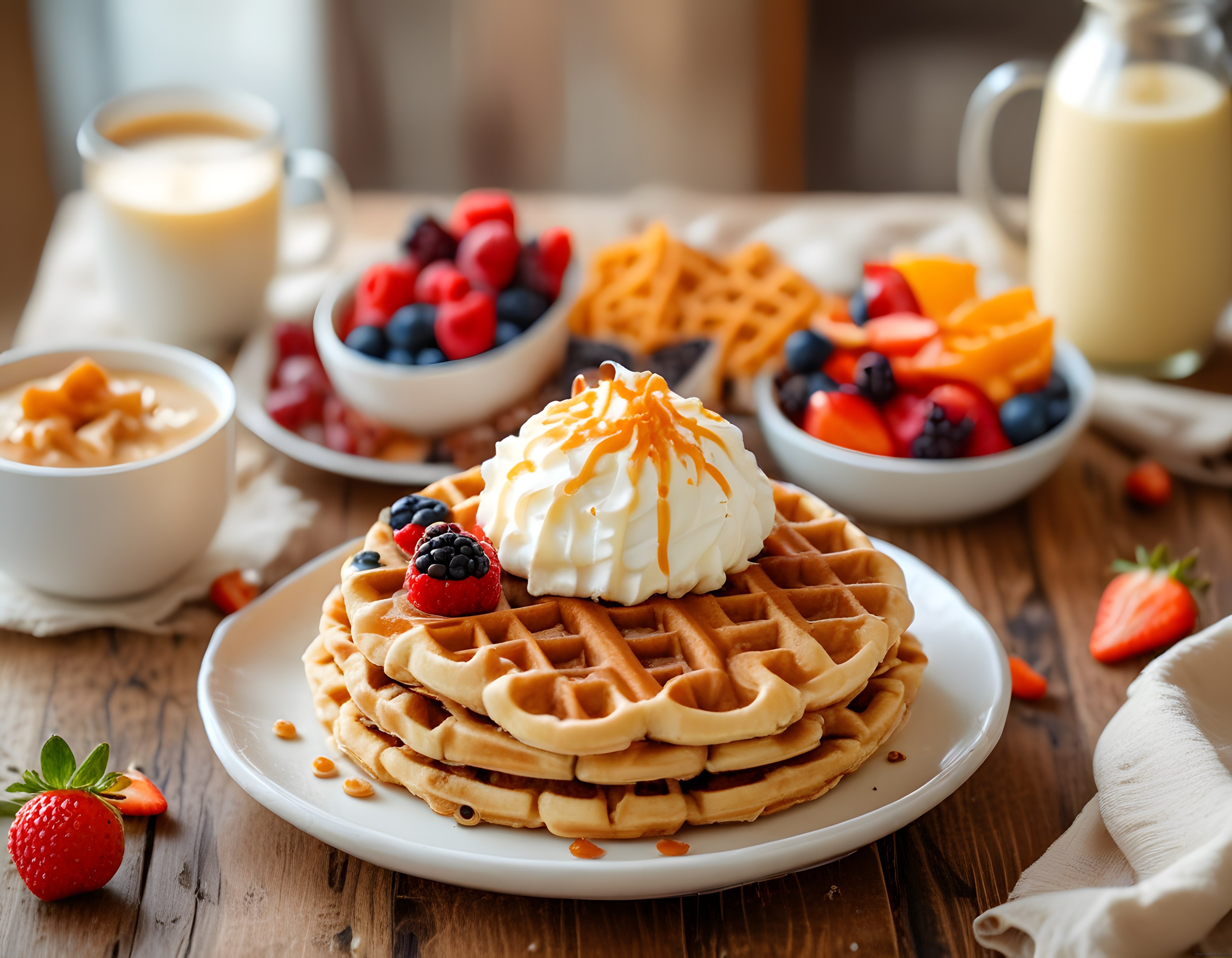 Karamel Soslu Krem Şantili ve Orman Meyveli Waffle Kahvaltı Tabağı