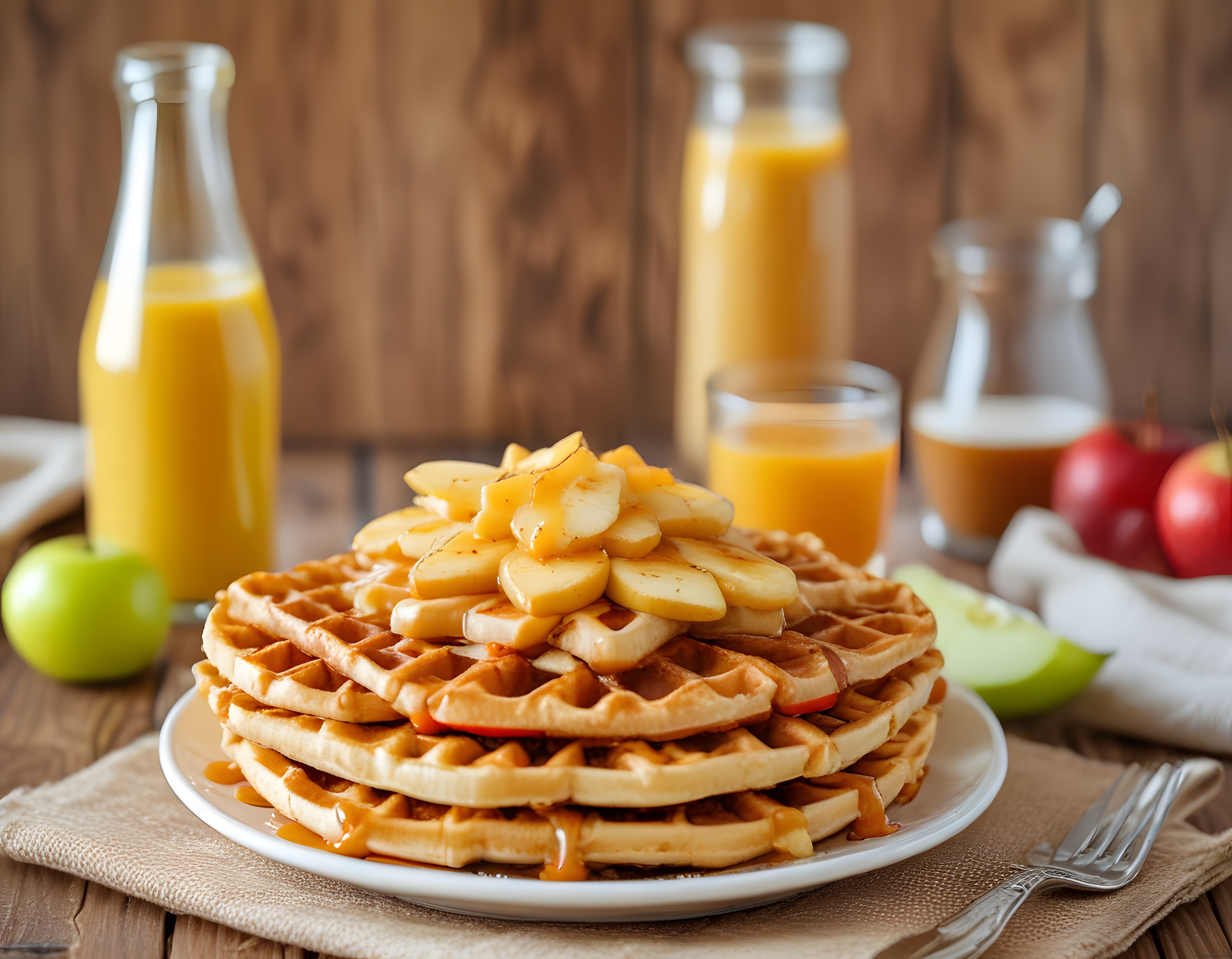 Karamel Soslu Muzlu Elmalı Waffle ve Portakal Suyu ile Kahvaltı
