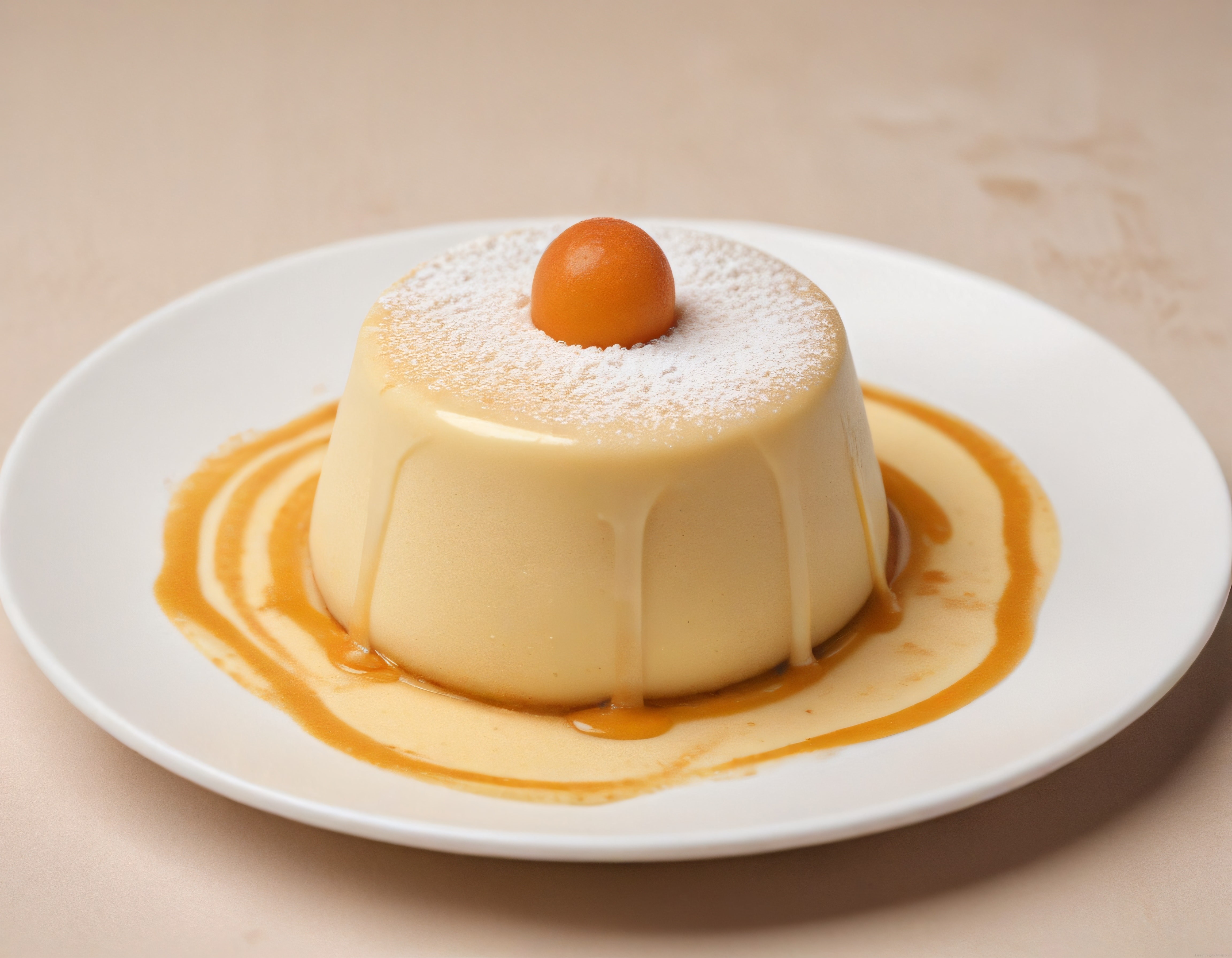 Karamel soslu pudra şekerli panna cotta tatlısı ve dekoratif kumkuat süsleme