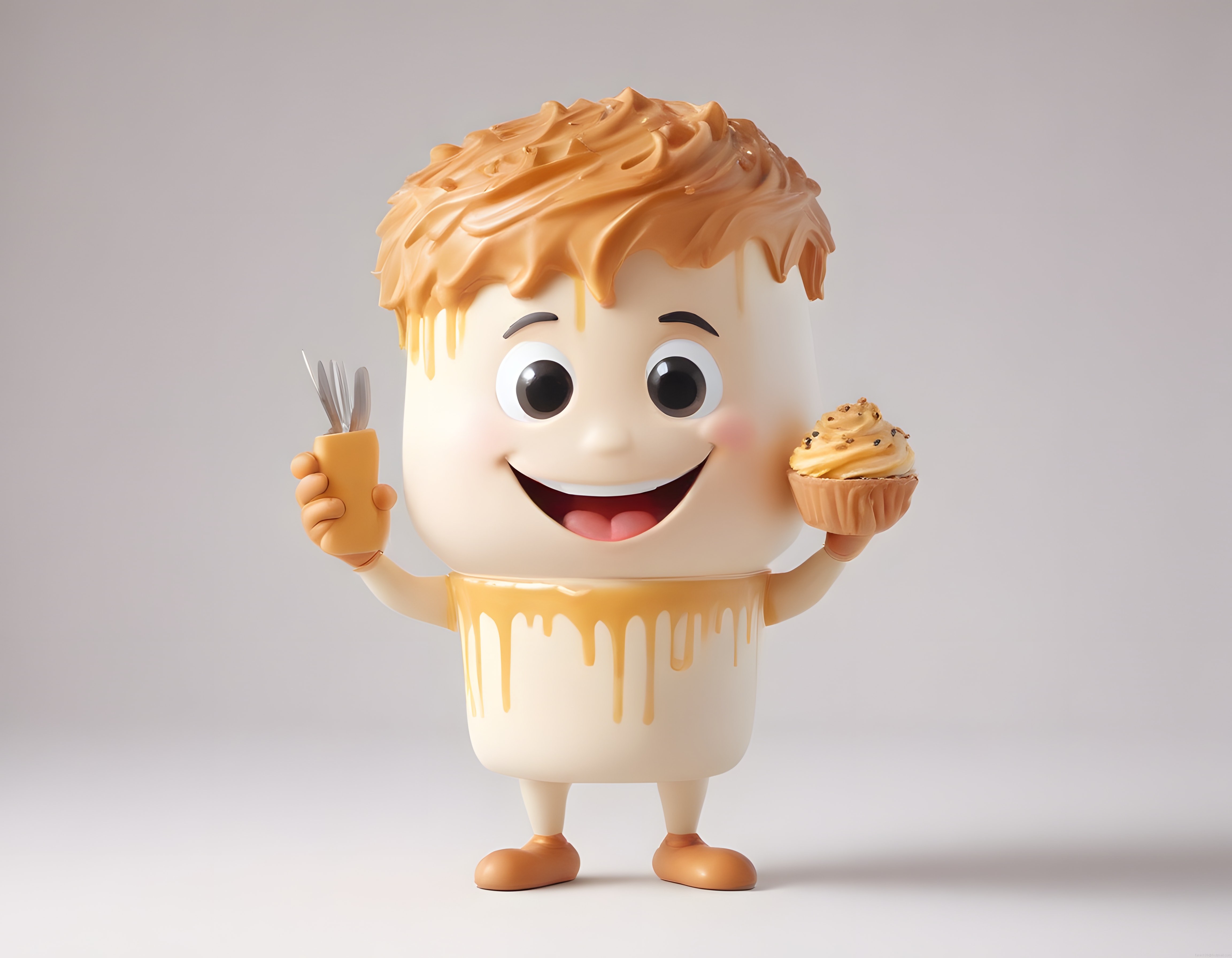 Karamel Soslu Sevimli 3D Cupcake Karakteri ve Tatlı Maskot İllüstrasyonu