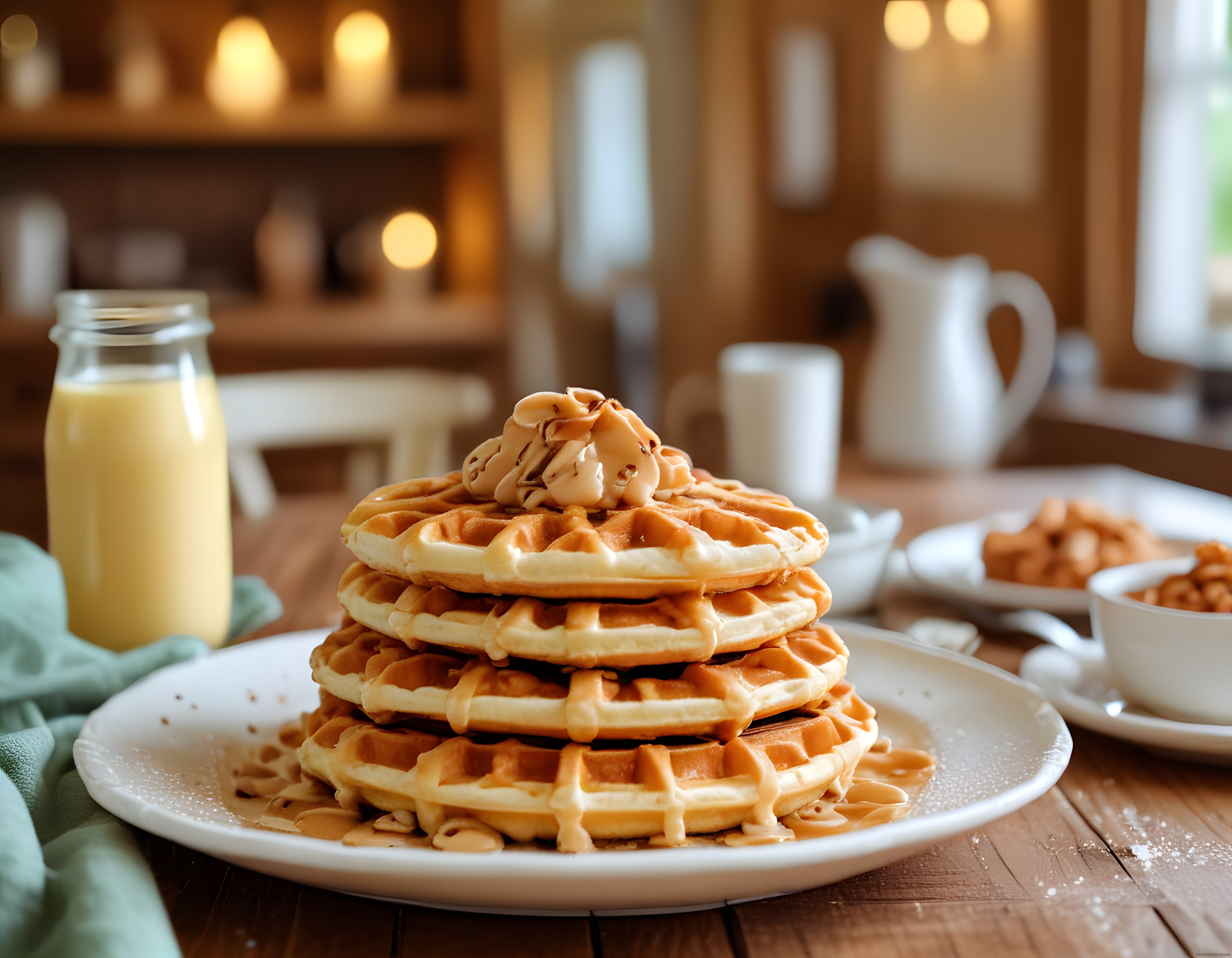 Karamel Soslu ve Fıstık Ezmeli Waffle Kulesi ile Rustik Kahvaltı Sunumu