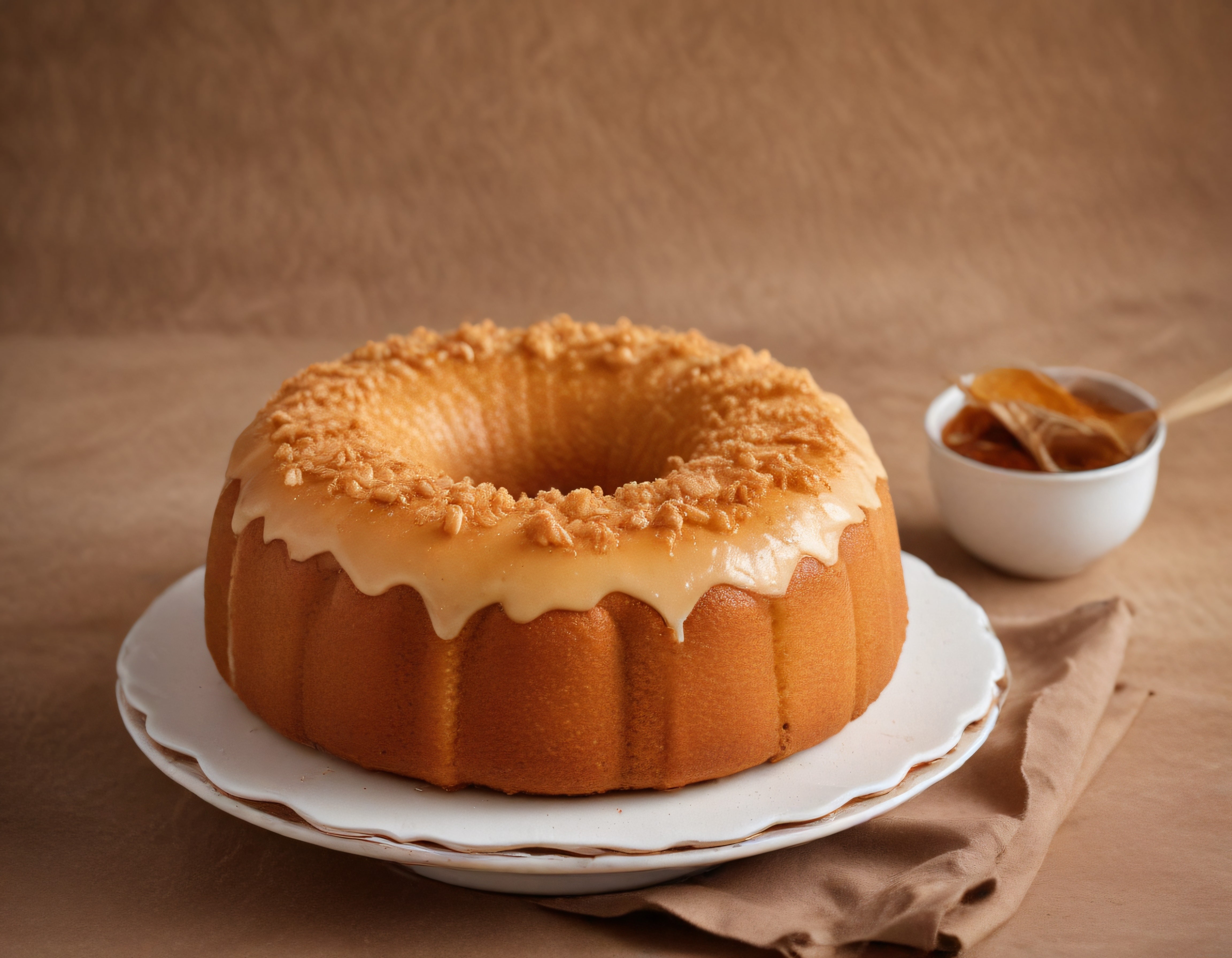 Karamel Soslu ve Kıtır Süslenmiş Klasik Bundt Kek Tatlı Sunumu