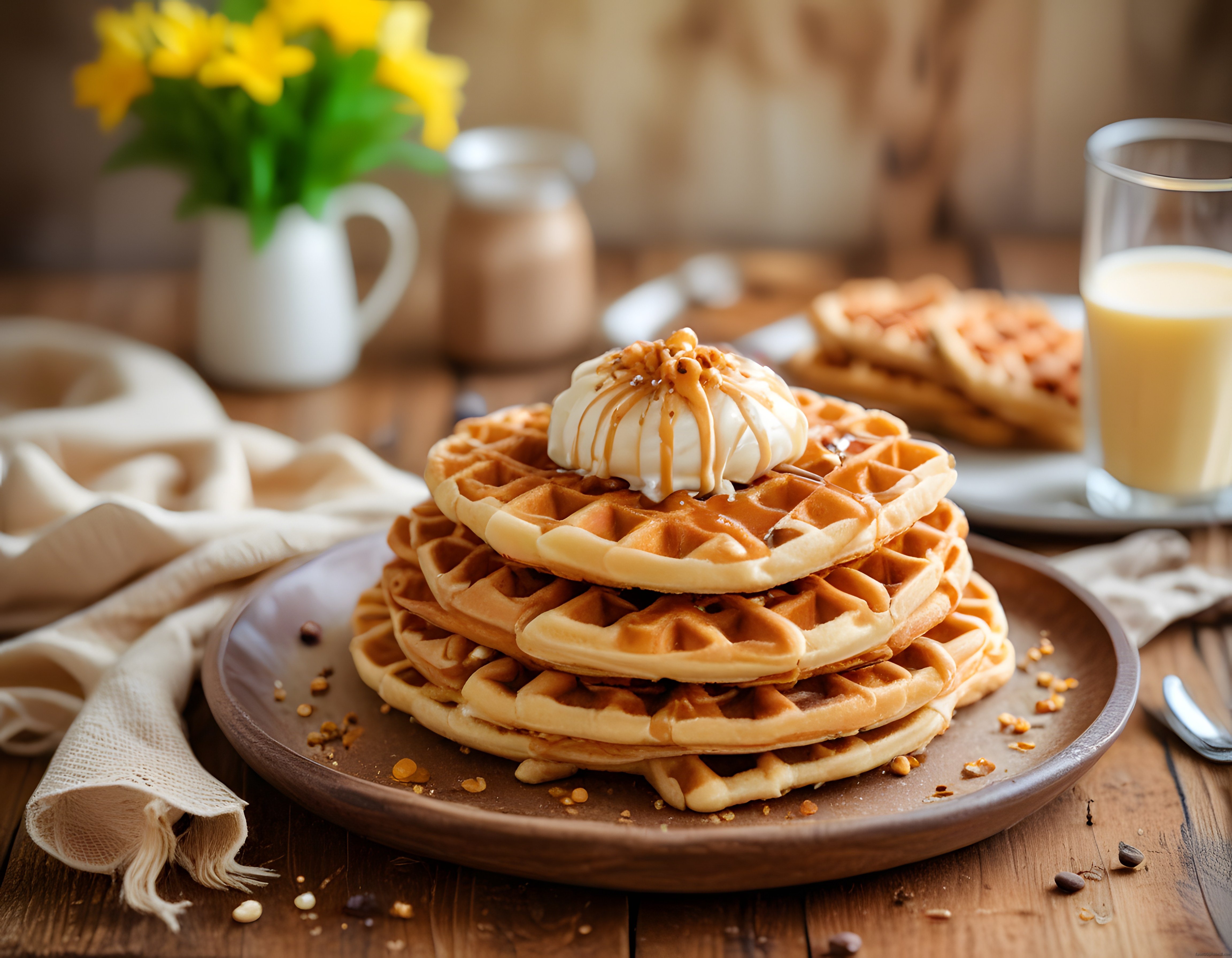 Karamel Soslu ve Kremalı Waffle Kulesi: Sıcak Rustik Kahvaltı Sofrası