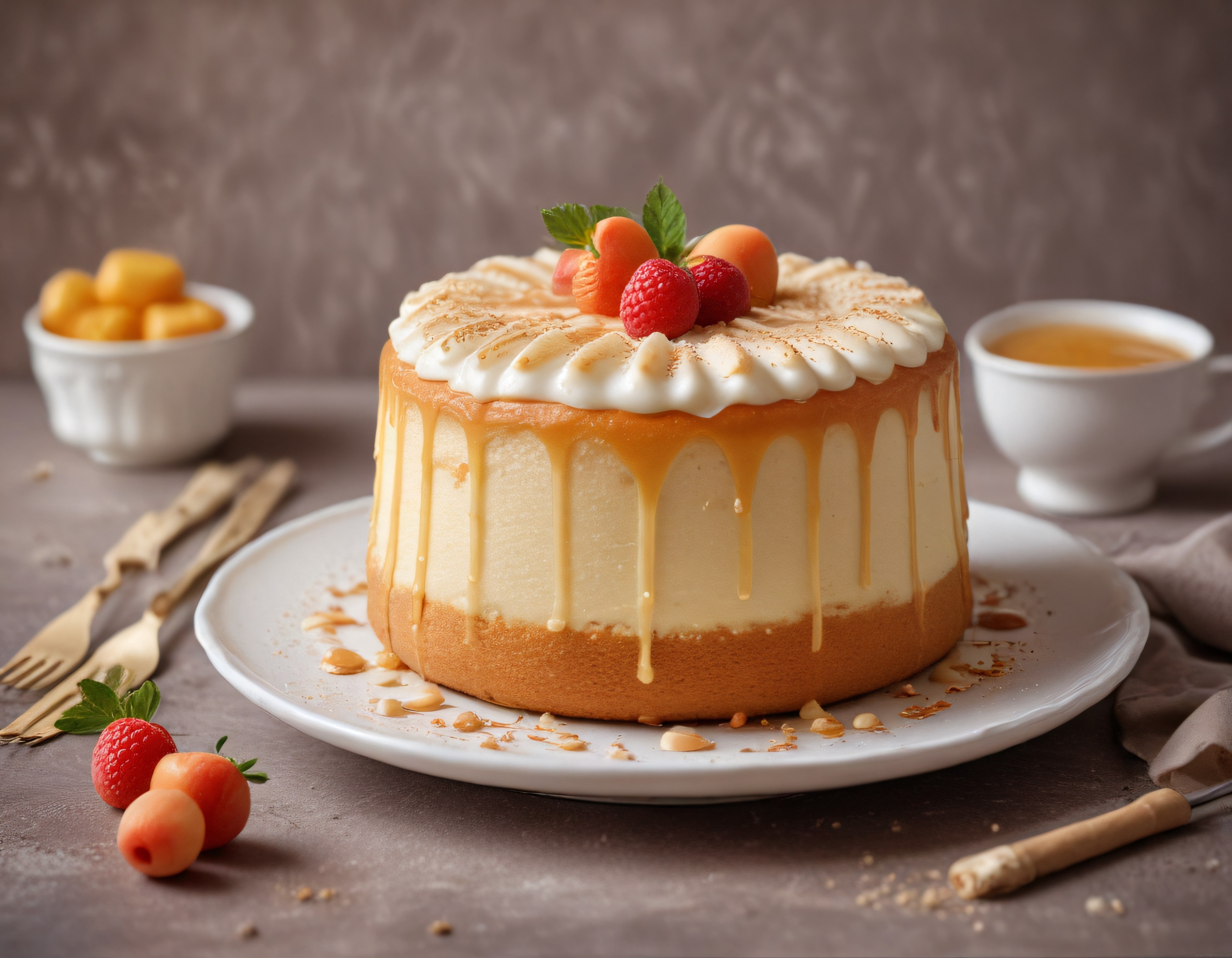 Karamel Soslu ve Meyveli Sütlü Pasta: Şık Masaüstü Sunum Fikri