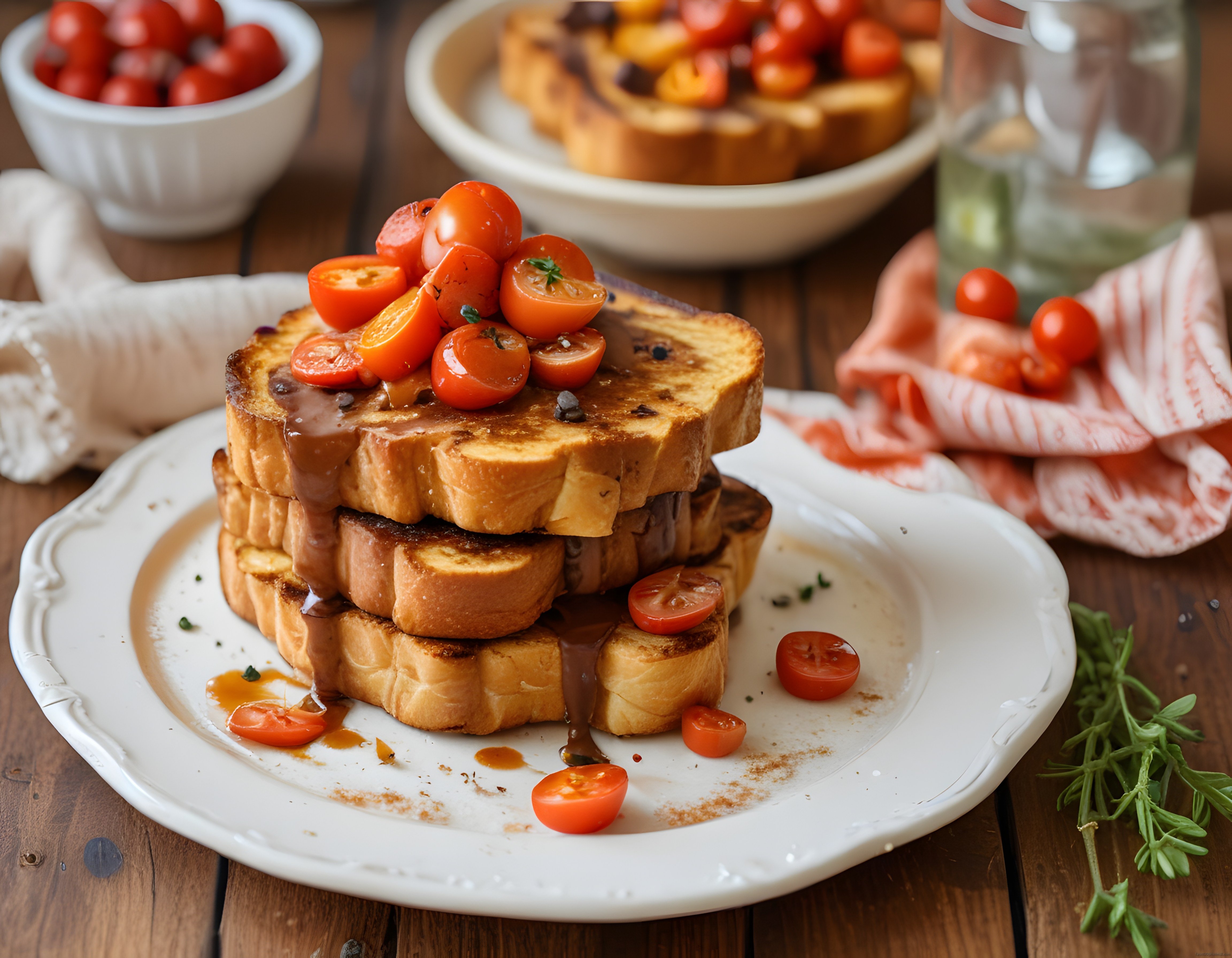 Karamel Soslu Yumurtalı Ekmek ve Cherry Domateslerle Şık Kahvaltı Sunumu