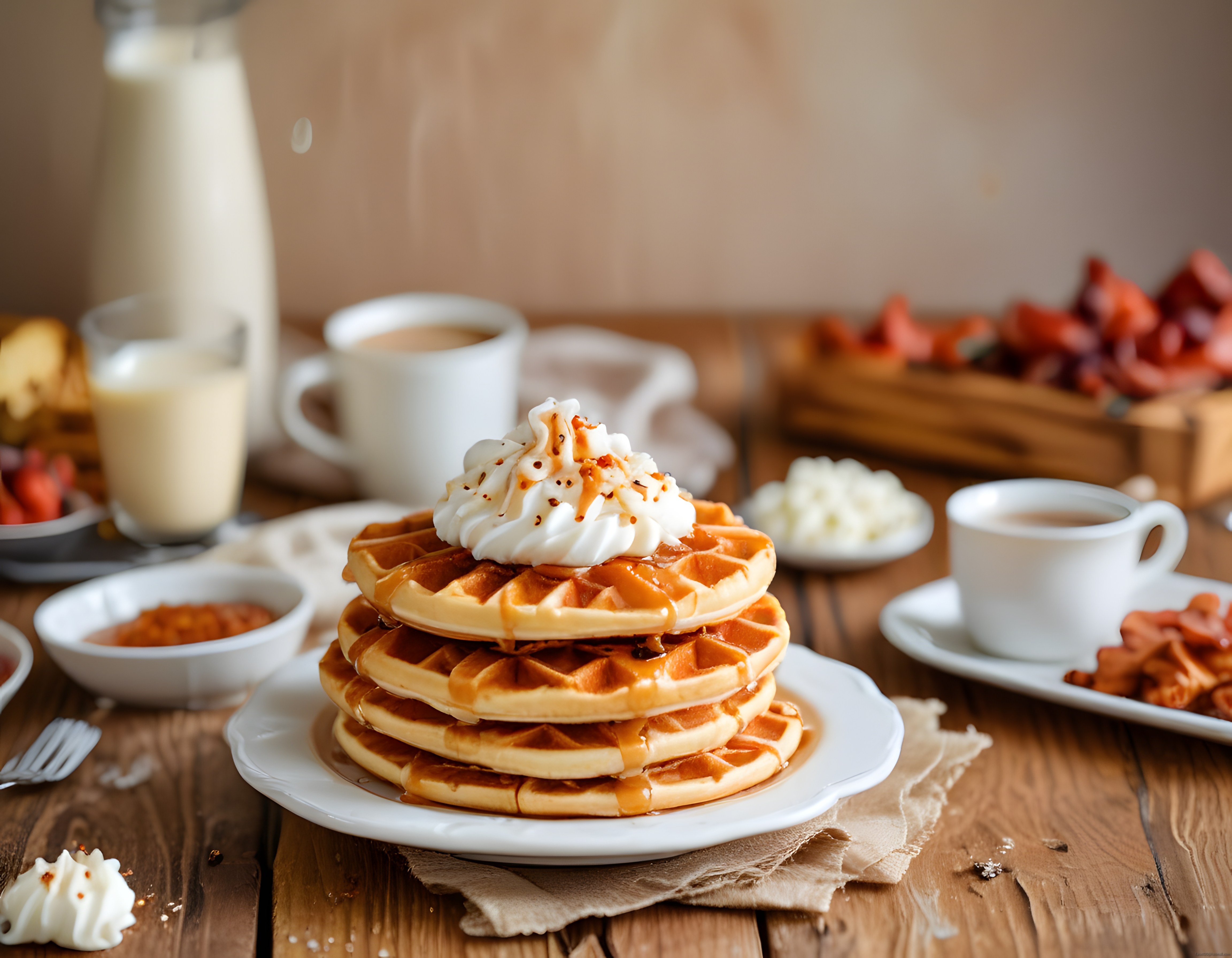 karamel ve krema ile süslenmiş çıtır waffleların sıcacık kahvaltı sunumu