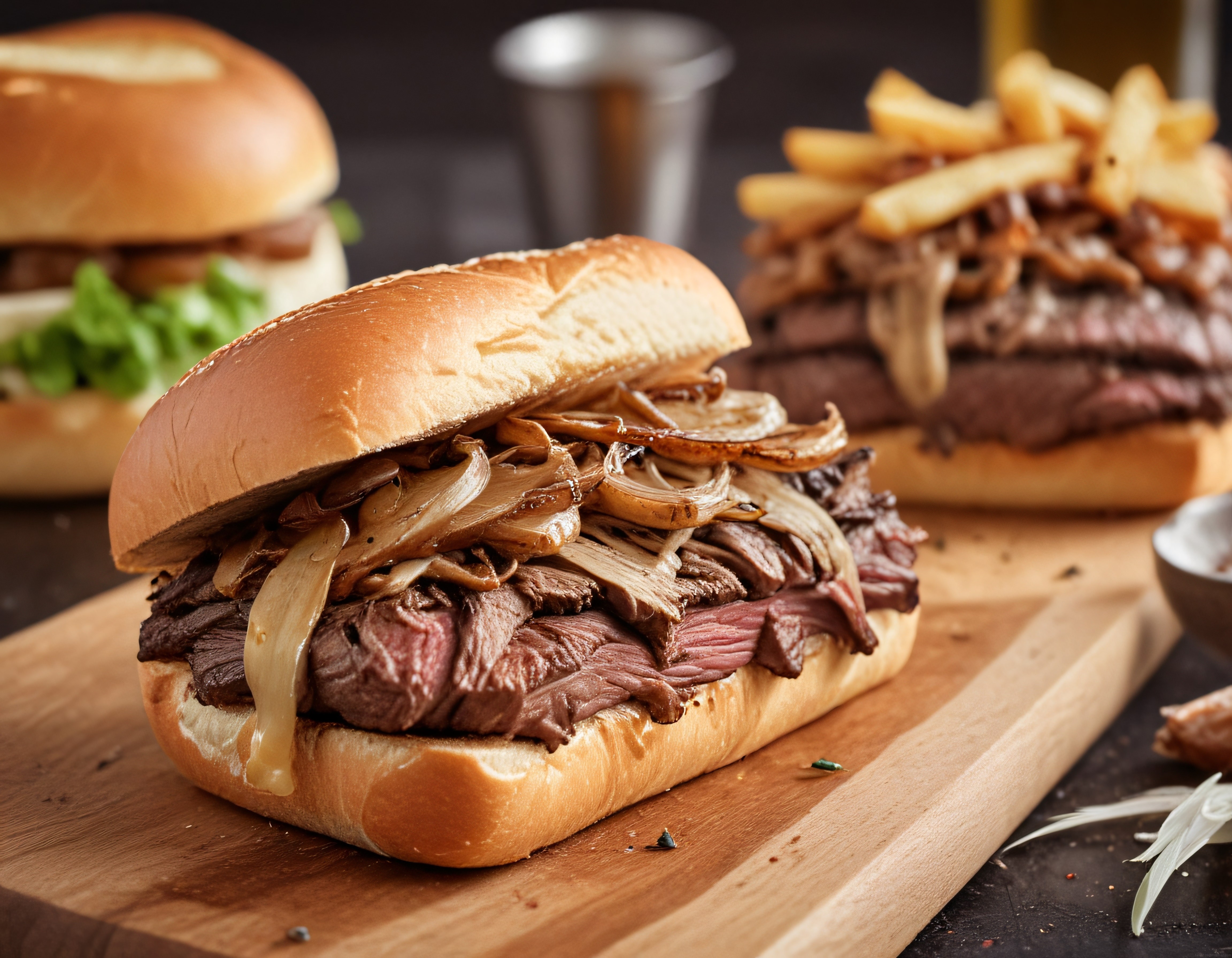 Karamelize soğanlı roast beef sandviç ve çıtır patates kızartması