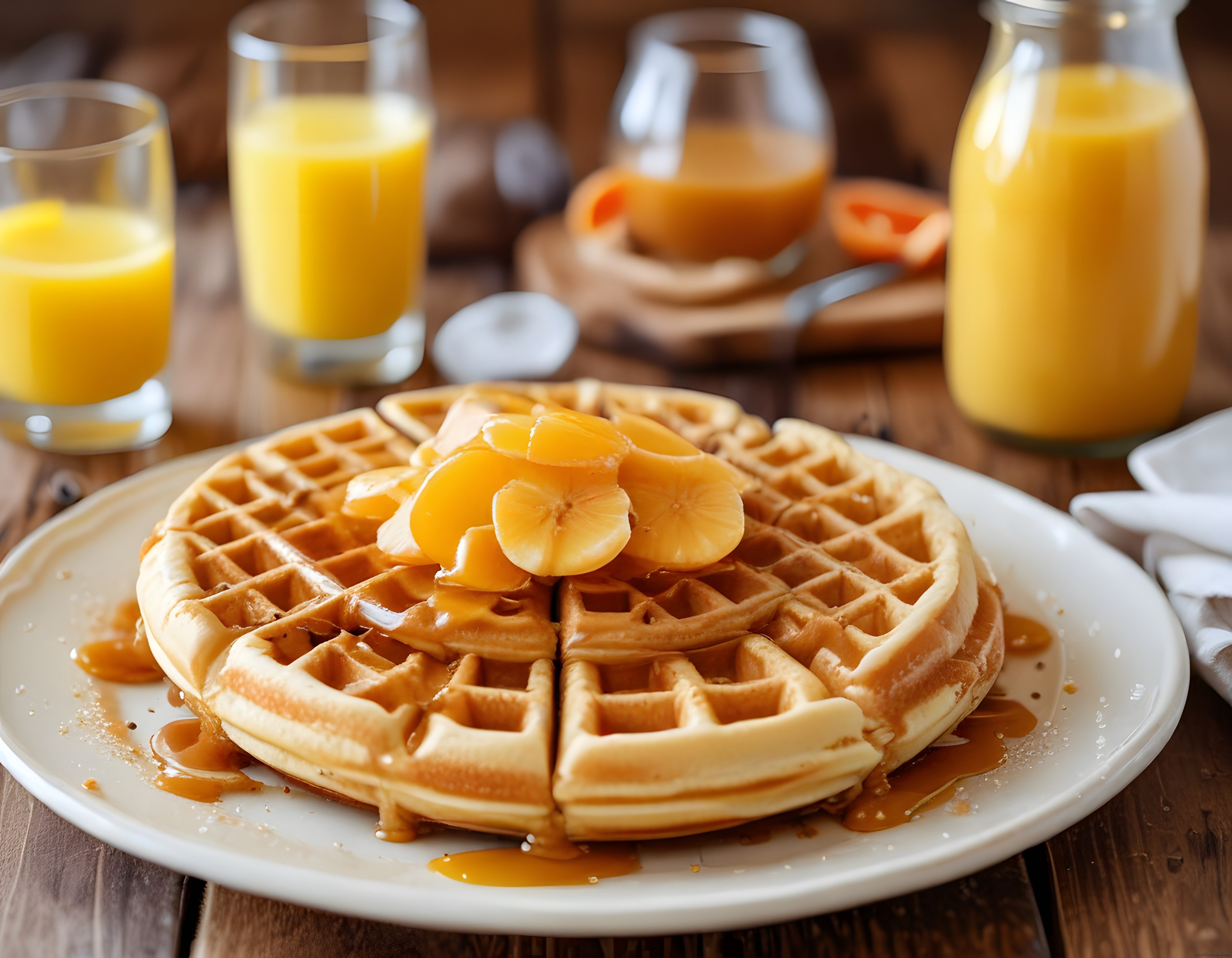 Karamelize Soslu Muz ve Portakallı Waffle ile Taze Portakal Suyu Kahvaltısı